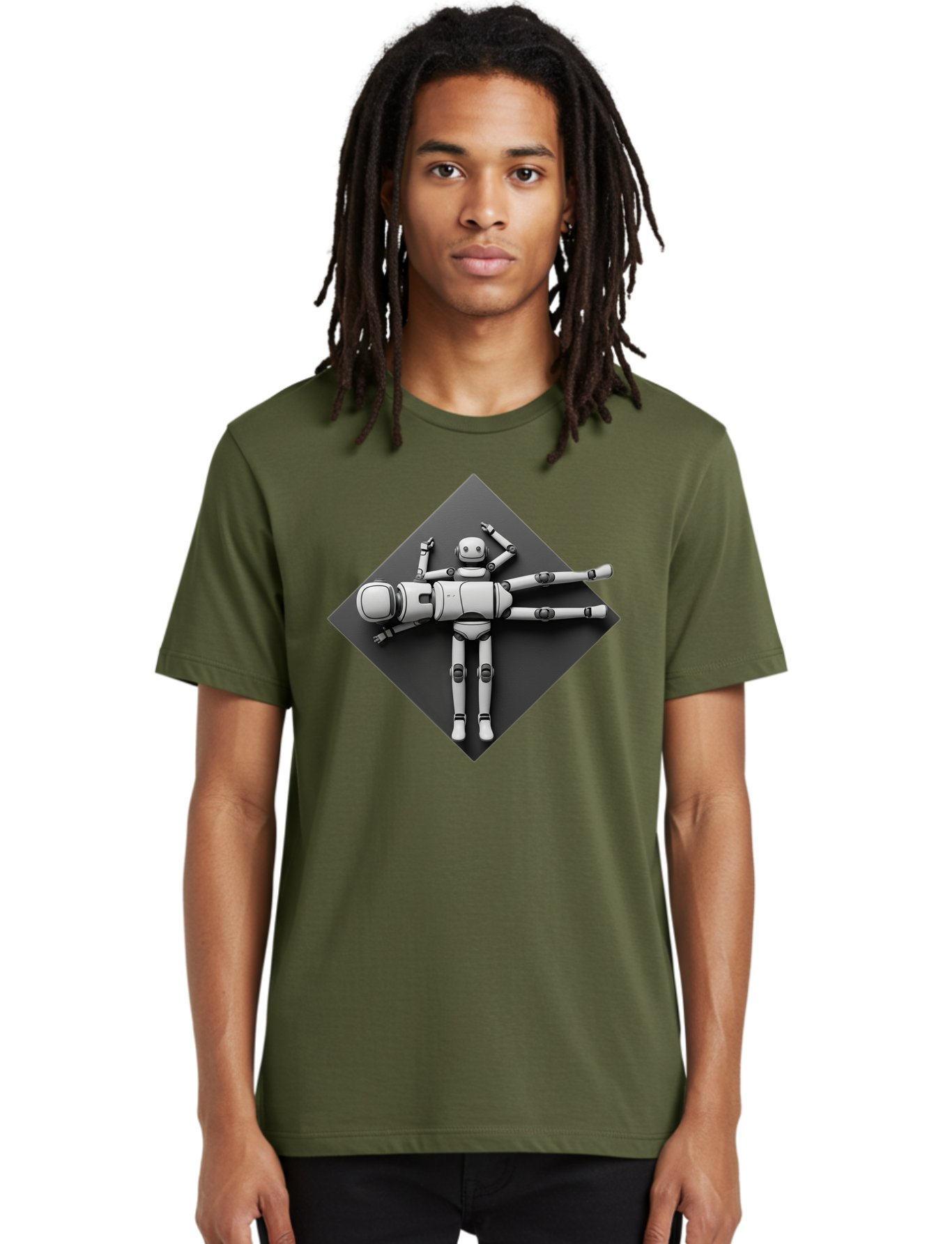 Robot-On-Dark-Square Men'S Graphic Tee, 100% Cotton, Comfortable Casual Summer Wear, Machine Washable, Robot Lying Down, Relaxation Pose, Mechanical Body, Futuristic Design, Artificial Intelligence, Modern Technology, Robot Resting, Bab355 4
