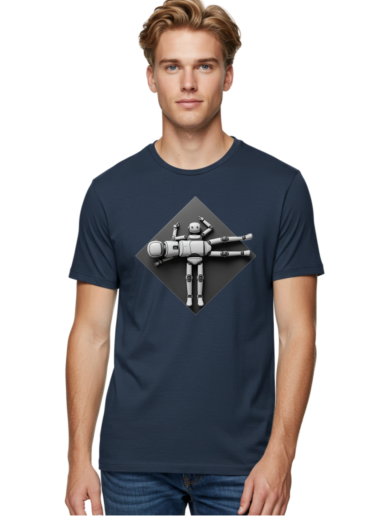 Robot-On-Dark-Square Men'S Graphic Tee, 100% Cotton, Comfortable Casual Summer Wear, Machine Washable, Robot Lying Down, Relaxation Pose, Mechanical Body, Futuristic Design, Artificial Intelligence, Modern Technology, Robot Resting, Bab355 6