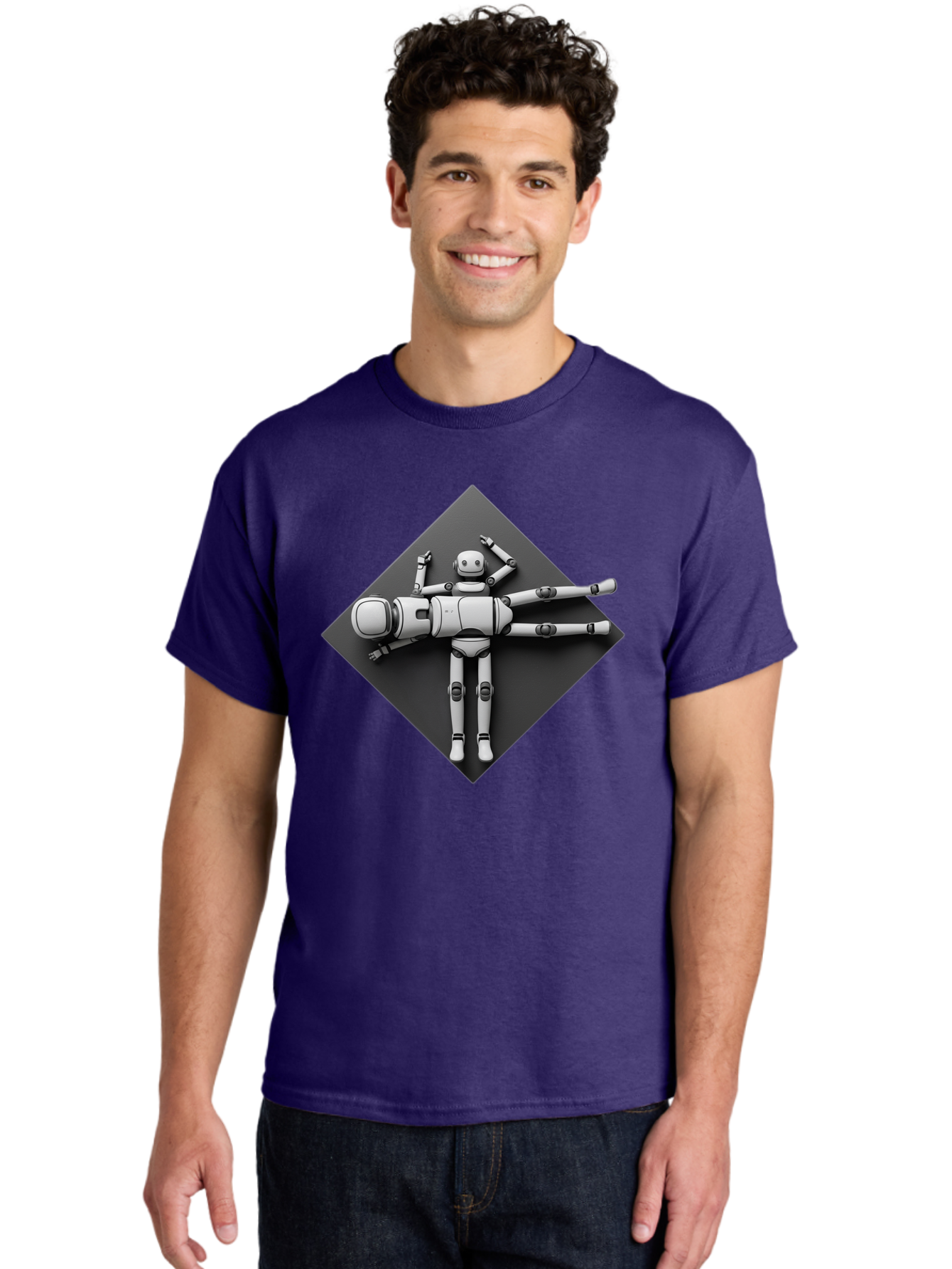 Robot-On-Dark-Square Men'S Graphic Tee, 100% Cotton, Comfortable Casual Summer Wear, Machine Washable, Robot Lying Down, Relaxation Pose, Mechanical Body, Futuristic Design, Artificial Intelligence, Modern Technology, Robot Resting, Bab355 8
