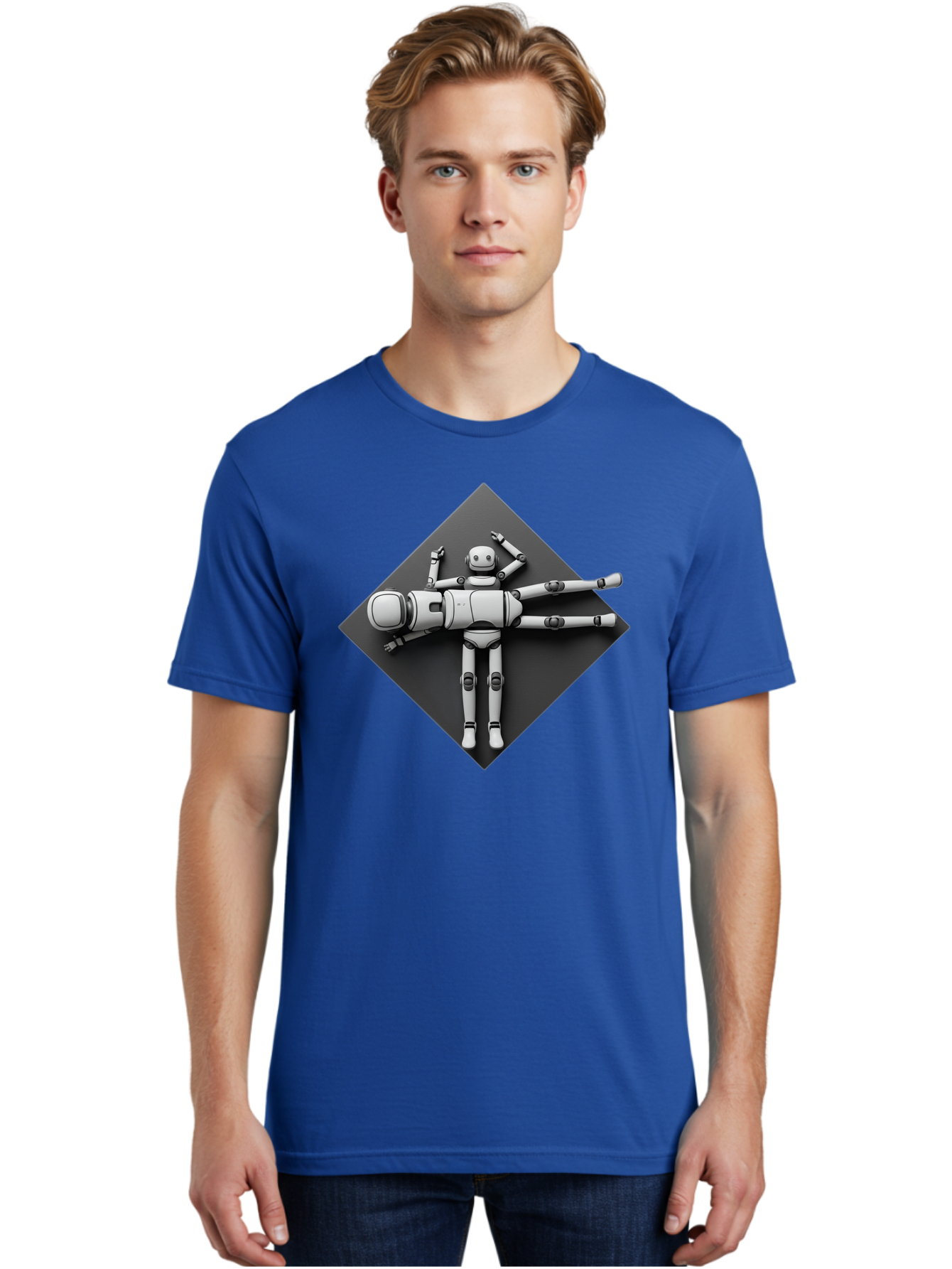 Robot-On-Dark-Square Men'S Graphic Tee, 100% Cotton, Comfortable Casual Summer Wear, Machine Washable, Robot Lying Down, Relaxation Pose, Mechanical Body, Futuristic Design, Artificial Intelligence, Modern Technology, Robot Resting, Bab355 26