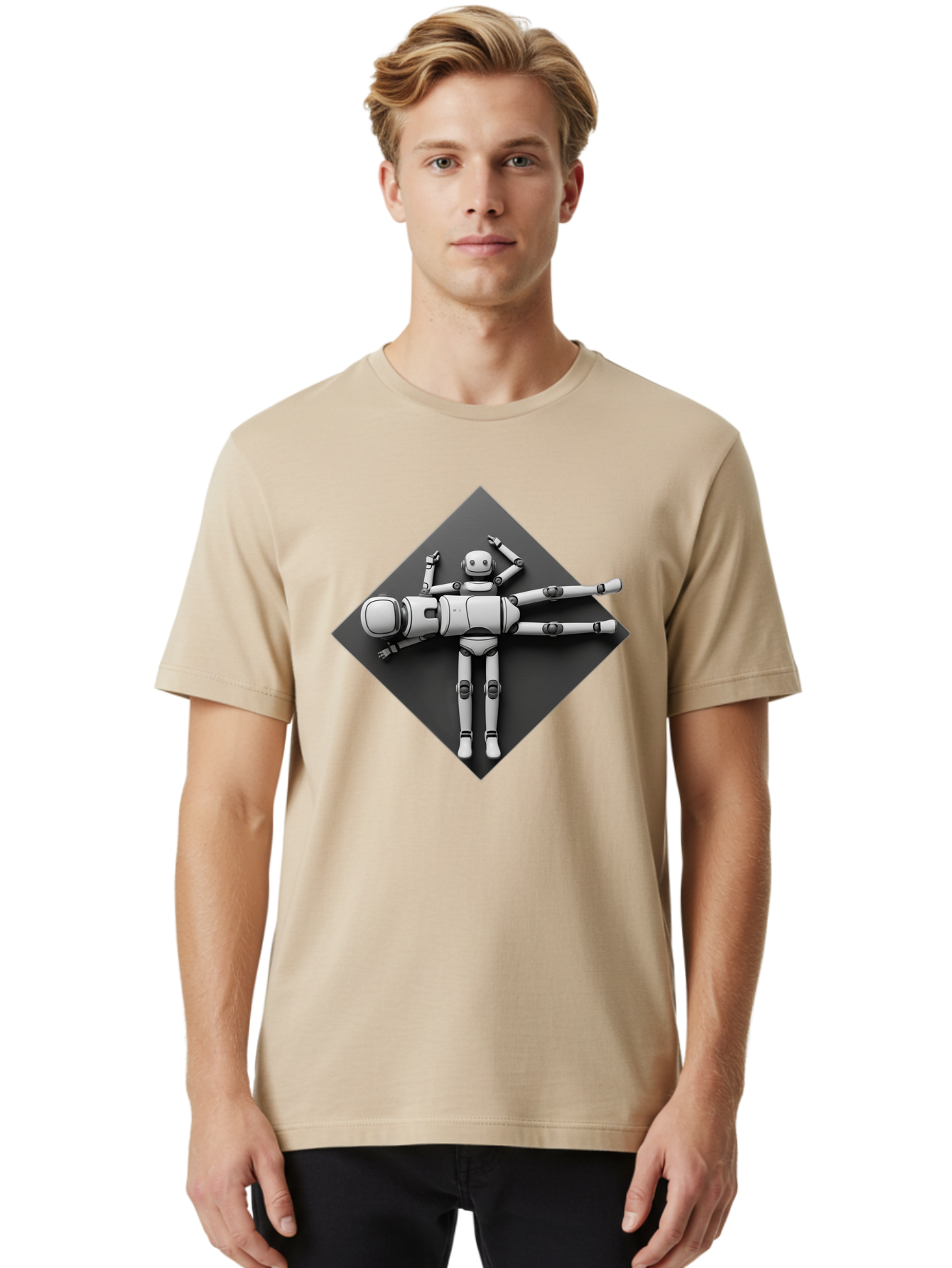 Robot-On-Dark-Square Men'S Graphic Tee, 100% Cotton, Comfortable Casual Summer Wear, Machine Washable, Robot Lying Down, Relaxation Pose, Mechanical Body, Futuristic Design, Artificial Intelligence, Modern Technology, Robot Resting, Bab355