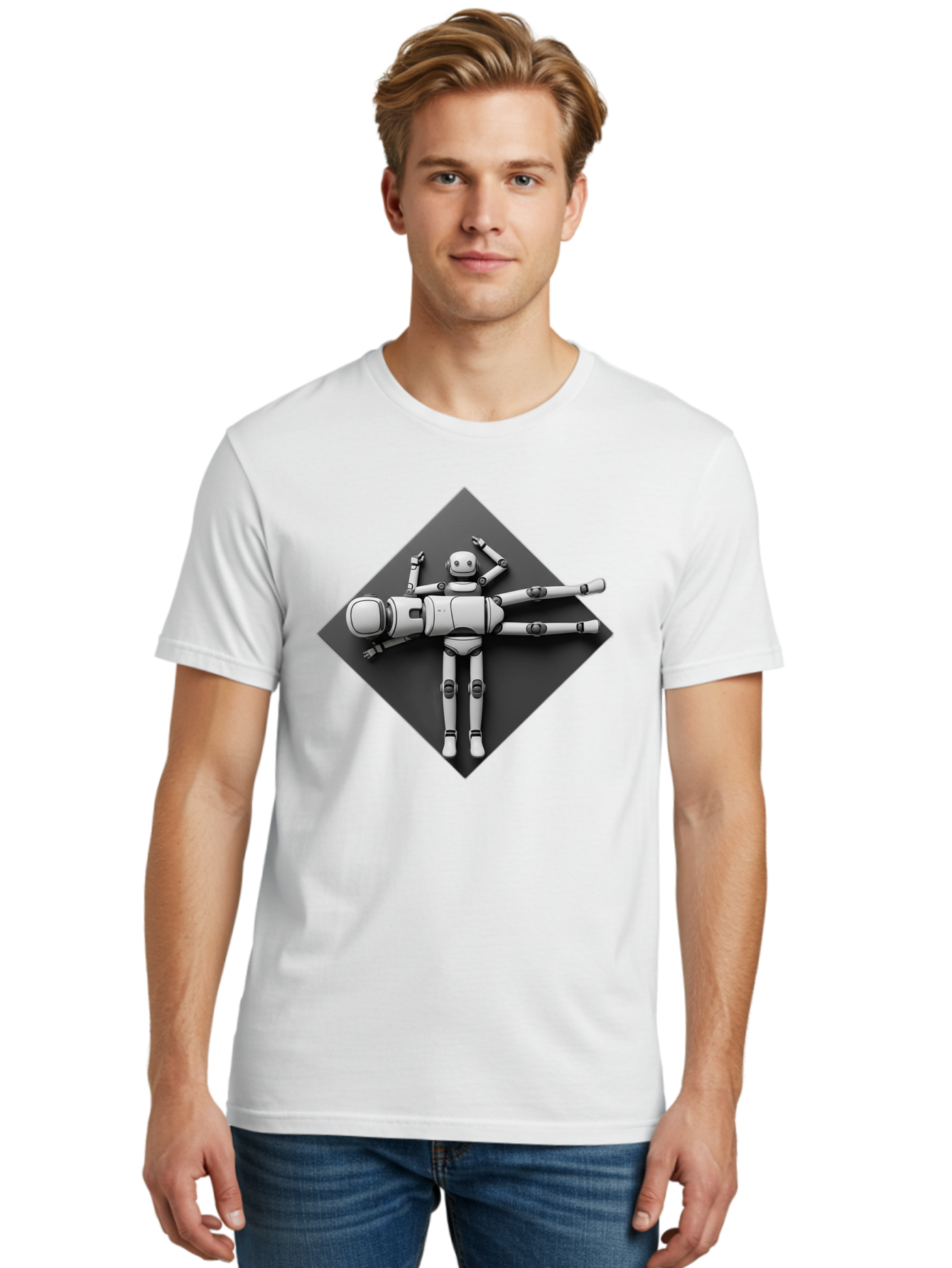 Robot-On-Dark-Square Men'S Graphic Tee, 100% Cotton, Comfortable Casual Summer Wear, Machine Washable, Robot Lying Down, Relaxation Pose, Mechanical Body, Futuristic Design, Artificial Intelligence, Modern Technology, Robot Resting, Bab355 16