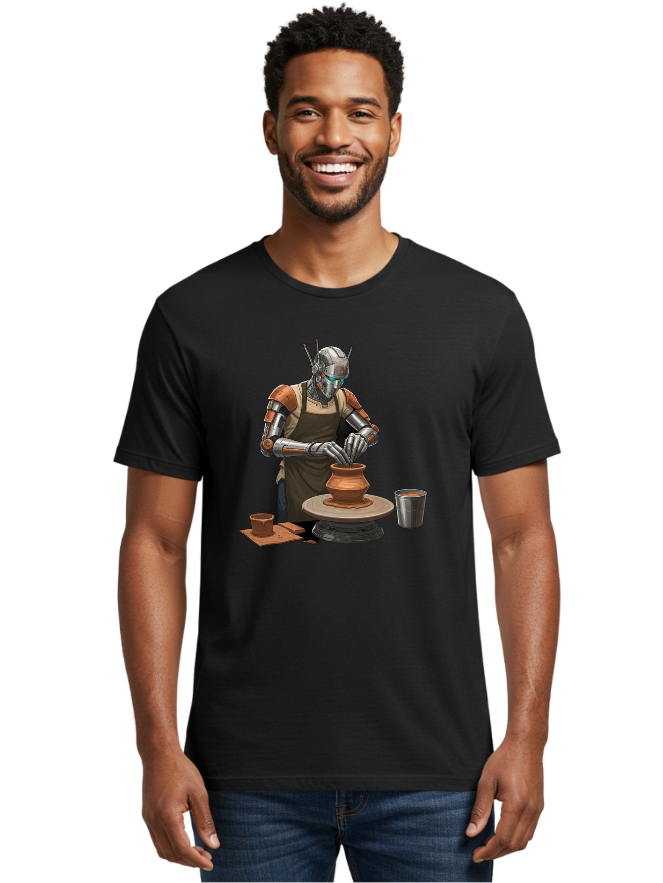 Robot-Potter Men'S Graphic Tee, 100% Cotton, Comfortable Casual Summer Wear, Machine Washable, Robot On Pottery Wheel, Clay Pot, Metal Cup, Robotic Hands, Creative Artwork, Futuristic Pottery, Artistic Creation, Mechanical Craftsmanship, Bab356 27