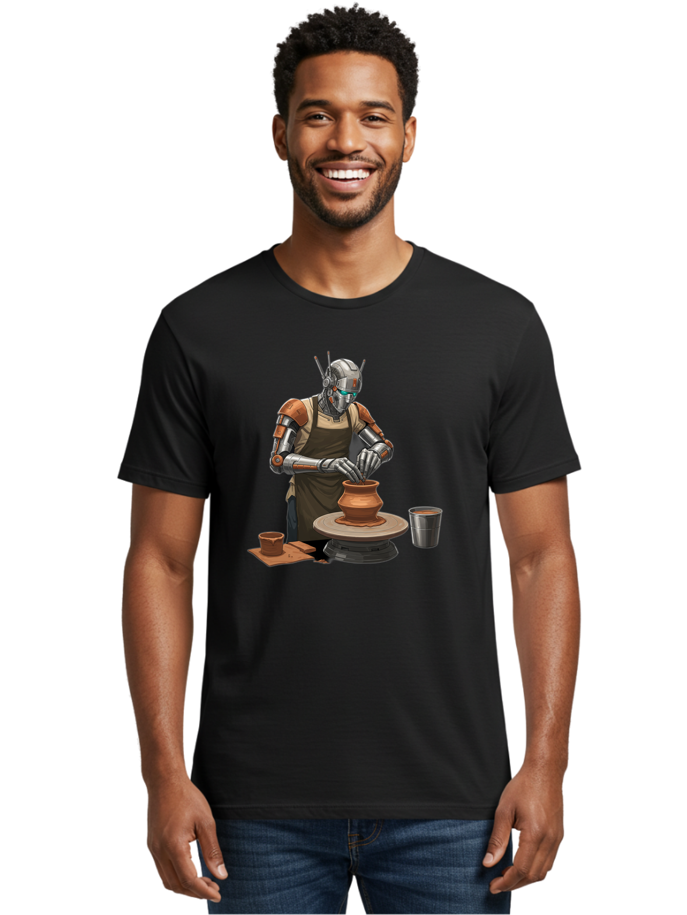 Robot-Potter Men'S Graphic Tee, 100% Cotton, Comfortable Casual Summer Wear, Machine Washable, Robot On Pottery Wheel, Clay Pot, Metal Cup, Robotic Hands, Creative Artwork, Futuristic Pottery, Artistic Creation, Mechanical Craftsmanship, Bab356 8