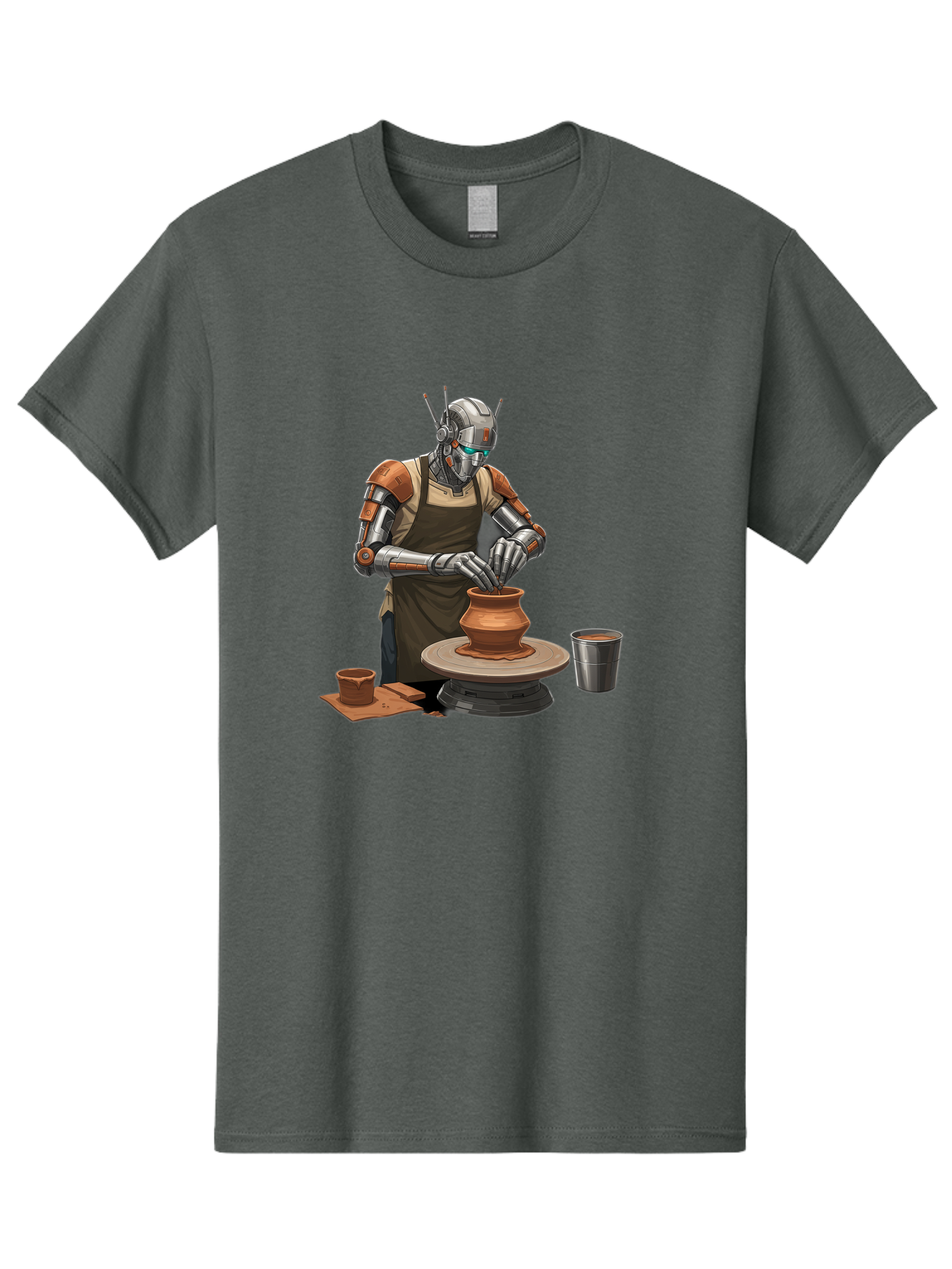Robot-Potter Men'S Graphic Tee, 100% Cotton, Comfortable Casual Summer Wear, Machine Washable, Robot On Pottery Wheel, Clay Pot, Metal Cup, Robotic Hands, Creative Artwork, Futuristic Pottery, Artistic Creation, Mechanical Craftsmanship, Bab356