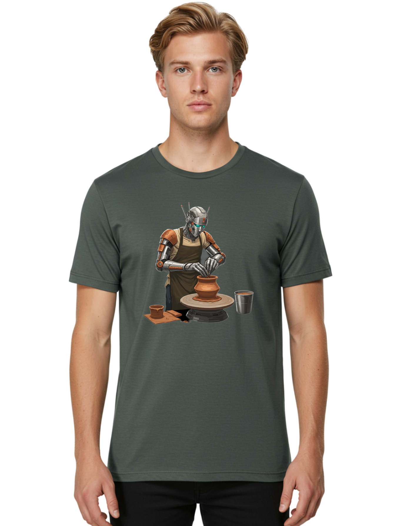 Robot-Potter Men'S Graphic Tee, 100% Cotton, Comfortable Casual Summer Wear, Machine Washable, Robot On Pottery Wheel, Clay Pot, Metal Cup, Robotic Hands, Creative Artwork, Futuristic Pottery, Artistic Creation, Mechanical Craftsmanship, Bab356