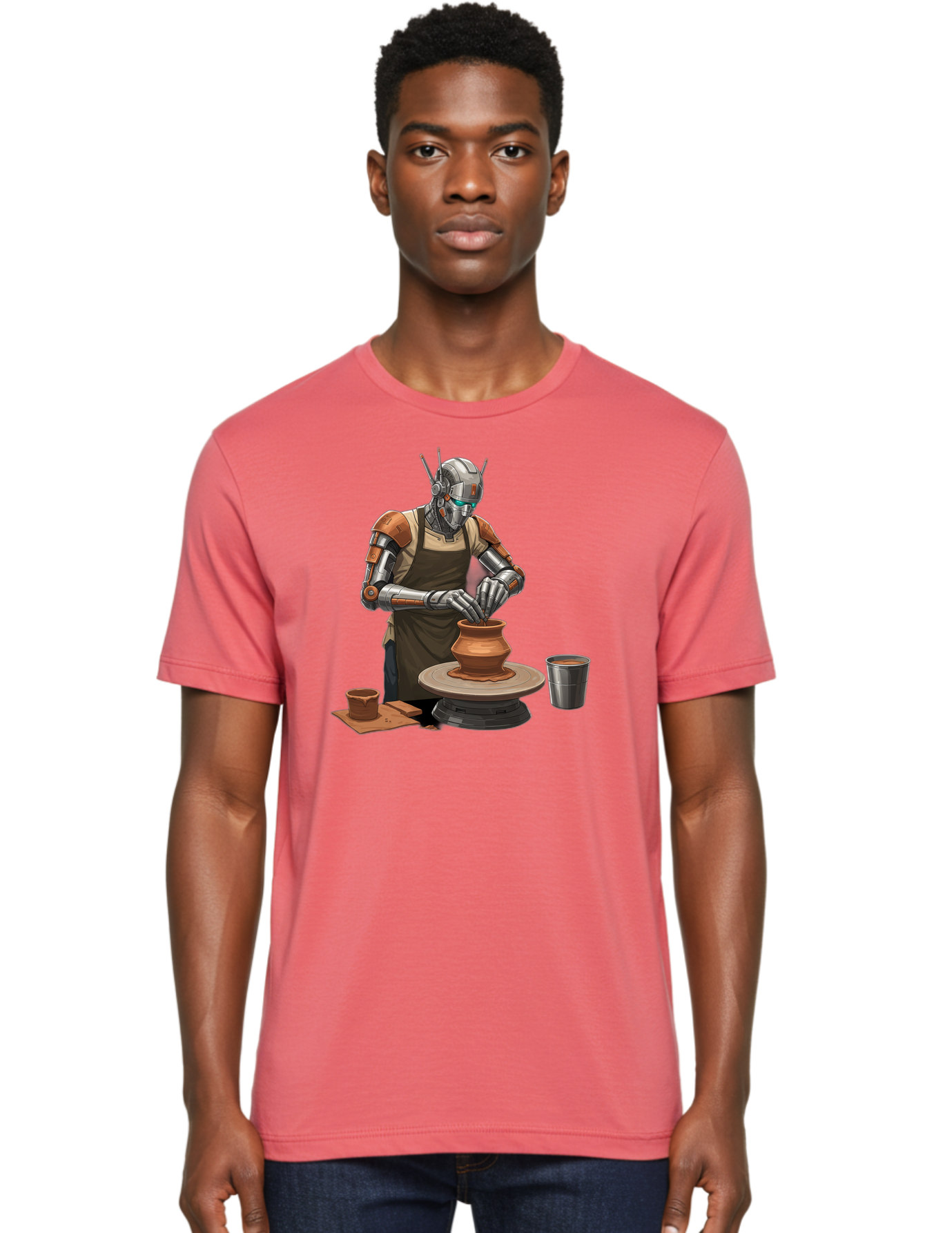 Robot-Potter Men'S Graphic Tee, 100% Cotton, Comfortable Casual Summer Wear, Machine Washable, Robot On Pottery Wheel, Clay Pot, Metal Cup, Robotic Hands, Creative Artwork, Futuristic Pottery, Artistic Creation, Mechanical Craftsmanship, Bab356 16
