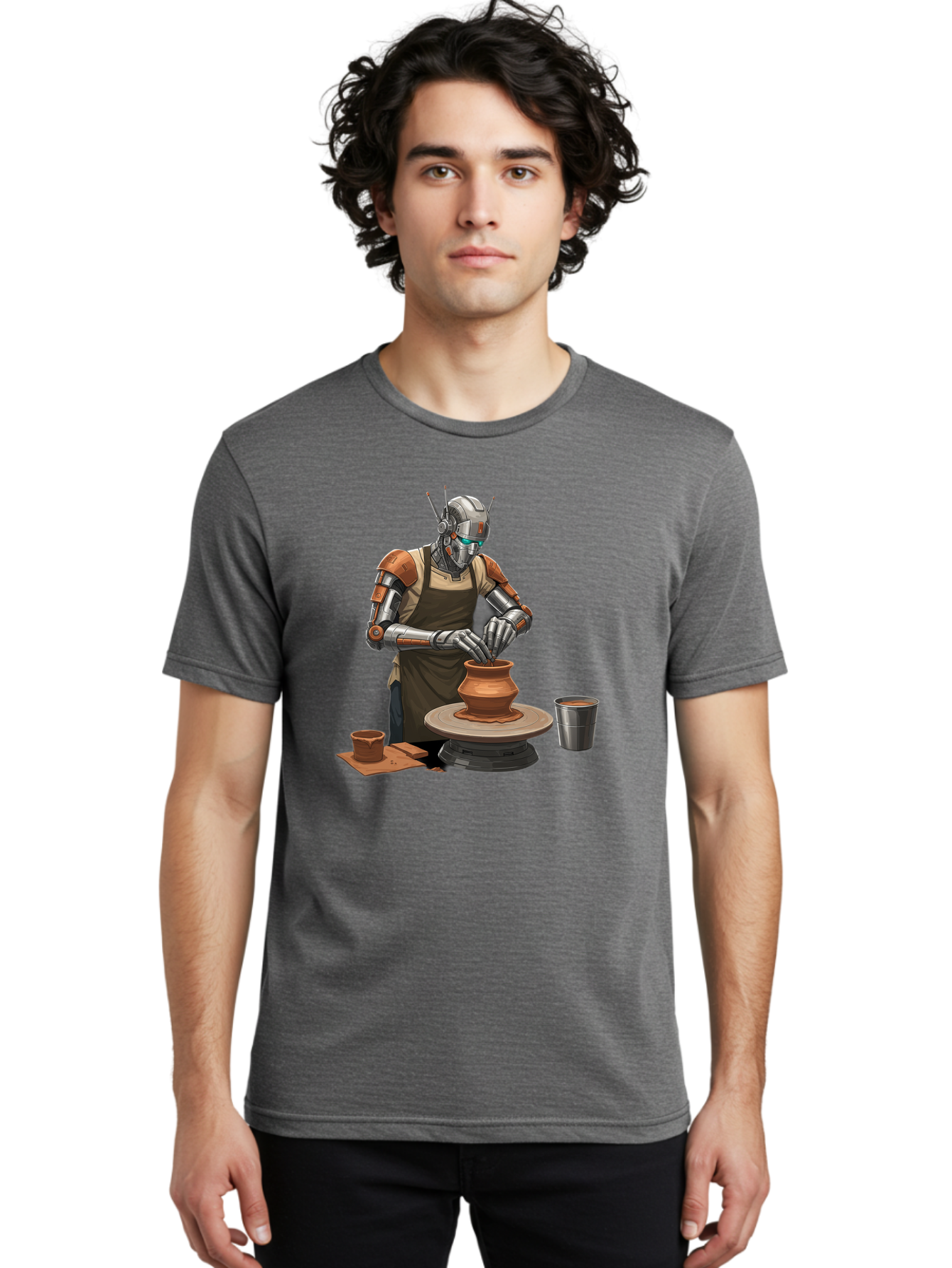 Robot-Potter Men'S Graphic Tee, 100% Cotton, Comfortable Casual Summer Wear, Machine Washable, Robot On Pottery Wheel, Clay Pot, Metal Cup, Robotic Hands, Creative Artwork, Futuristic Pottery, Artistic Creation, Mechanical Craftsmanship, Bab356 28