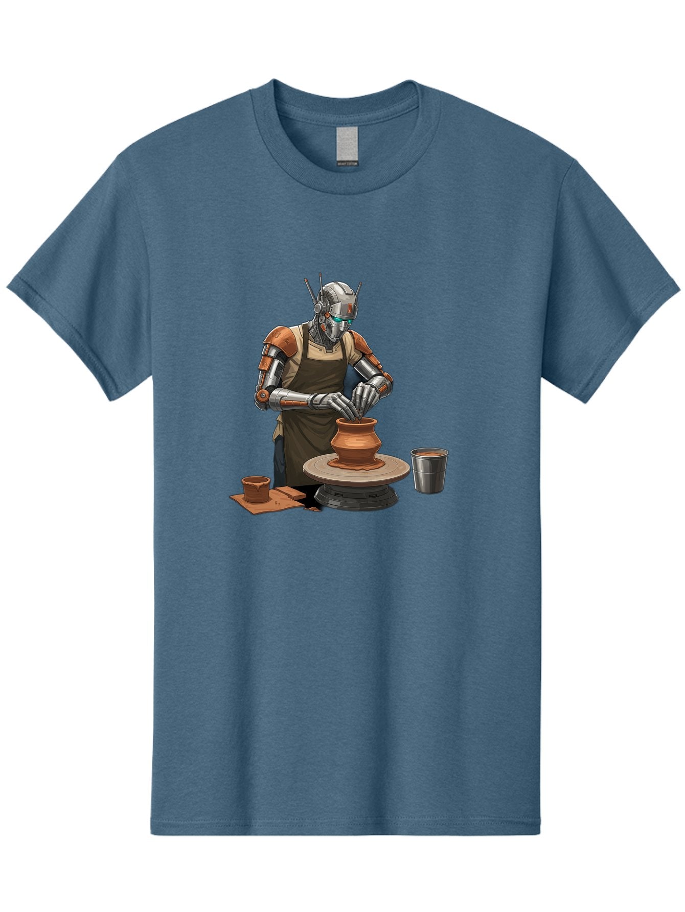 Robot-Potter Men'S Graphic Tee, 100% Cotton, Comfortable Casual Summer Wear, Machine Washable, Robot On Pottery Wheel, Clay Pot, Metal Cup, Robotic Hands, Creative Artwork, Futuristic Pottery, Artistic Creation, Mechanical Craftsmanship, Bab356