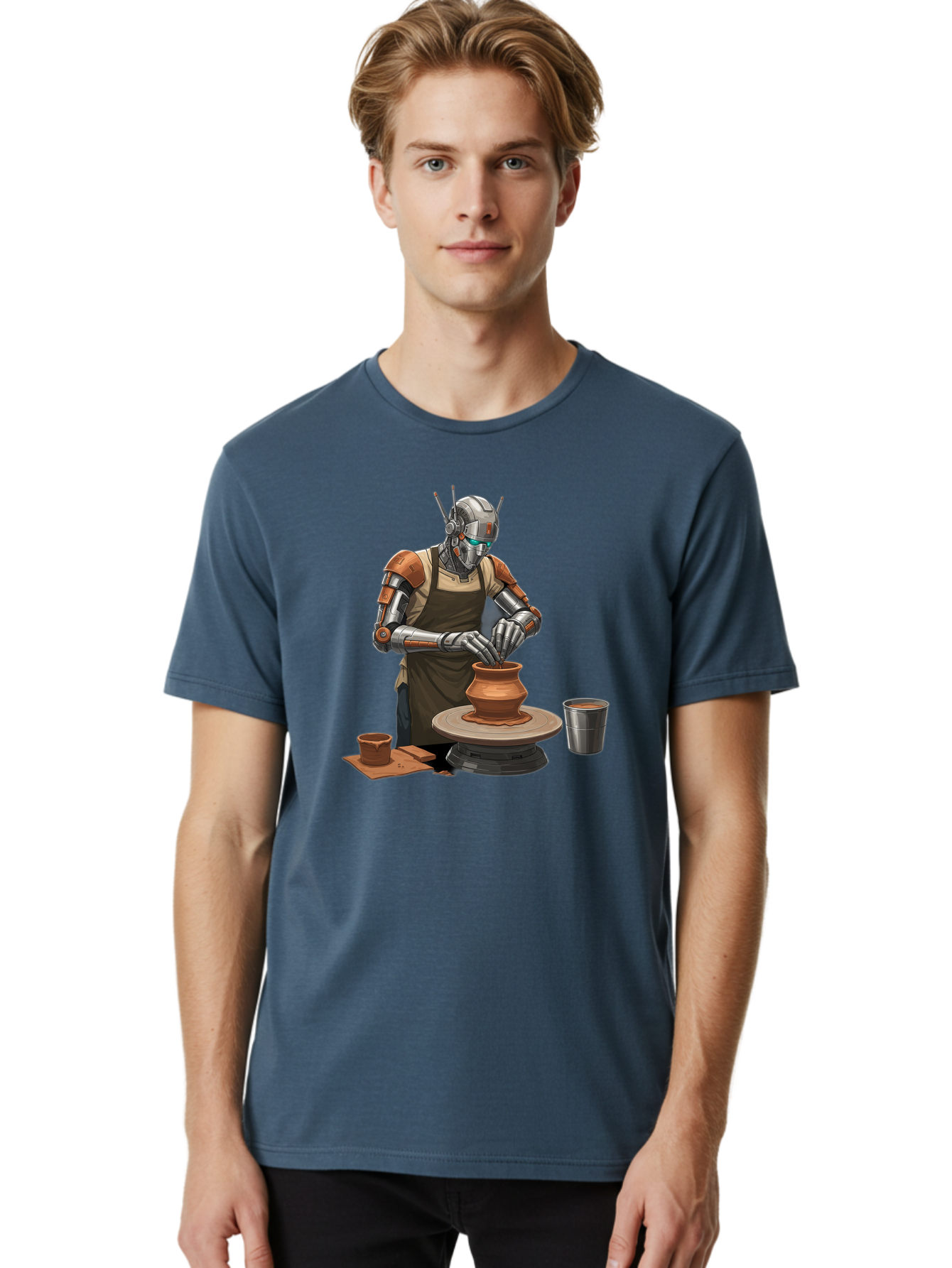 Robot-Potter Men'S Graphic Tee, 100% Cotton, Comfortable Casual Summer Wear, Machine Washable, Robot On Pottery Wheel, Clay Pot, Metal Cup, Robotic Hands, Creative Artwork, Futuristic Pottery, Artistic Creation, Mechanical Craftsmanship, Bab356 22