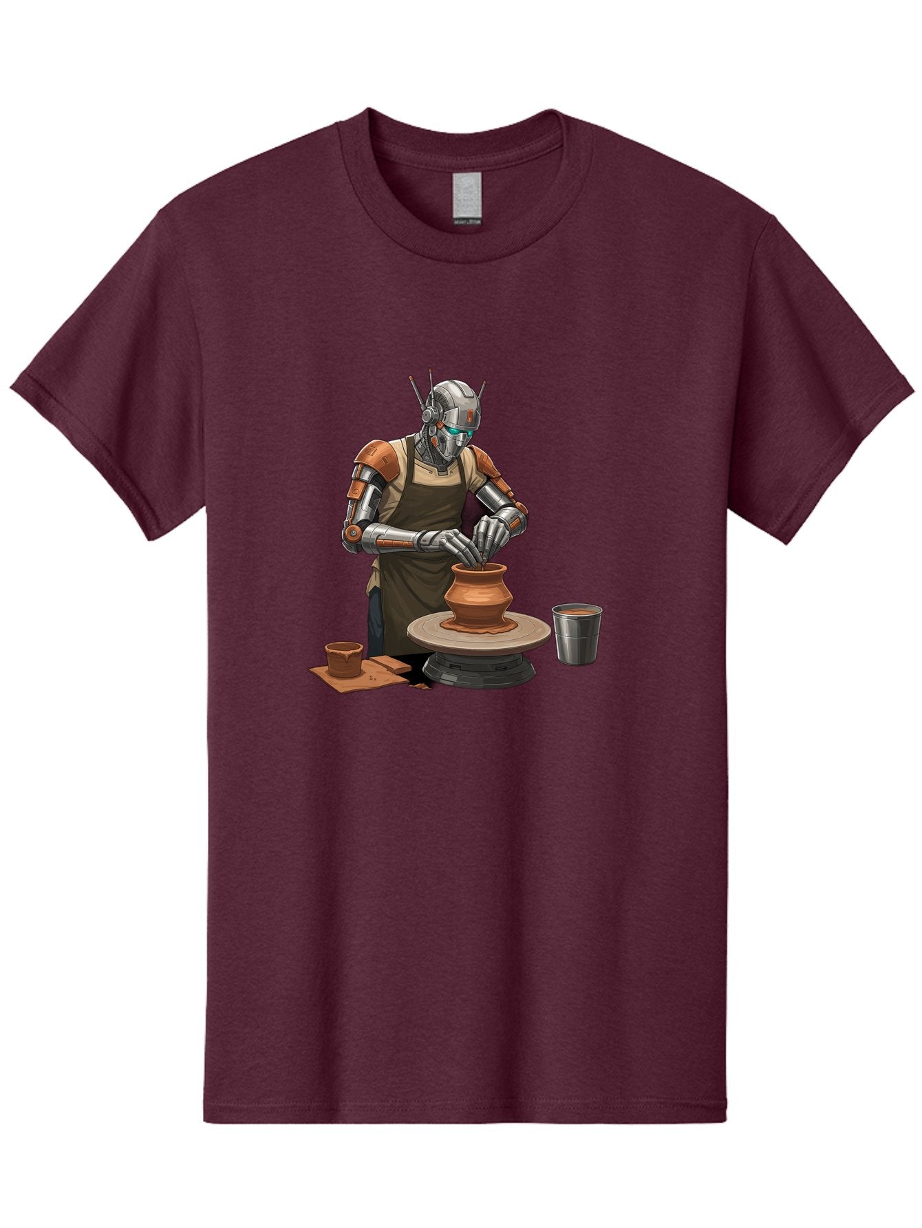 Robot-Potter Men'S Graphic Tee, 100% Cotton, Comfortable Casual Summer Wear, Machine Washable, Robot On Pottery Wheel, Clay Pot, Metal Cup, Robotic Hands, Creative Artwork, Futuristic Pottery, Artistic Creation, Mechanical Craftsmanship, Bab356 3