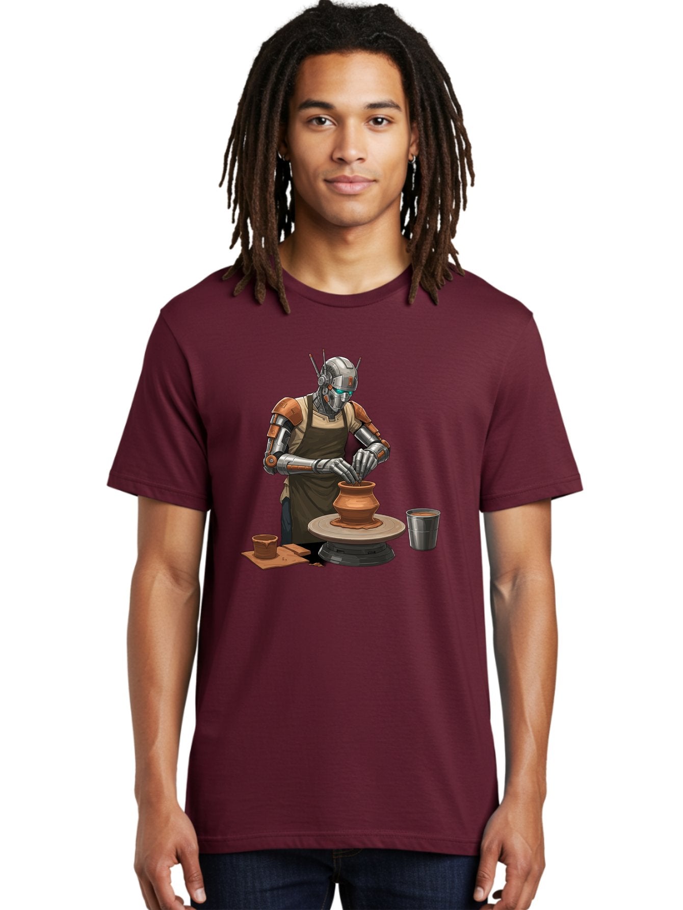 Robot-Potter Men'S Graphic Tee, 100% Cotton, Comfortable Casual Summer Wear, Machine Washable, Robot On Pottery Wheel, Clay Pot, Metal Cup, Robotic Hands, Creative Artwork, Futuristic Pottery, Artistic Creation, Mechanical Craftsmanship, Bab356 22