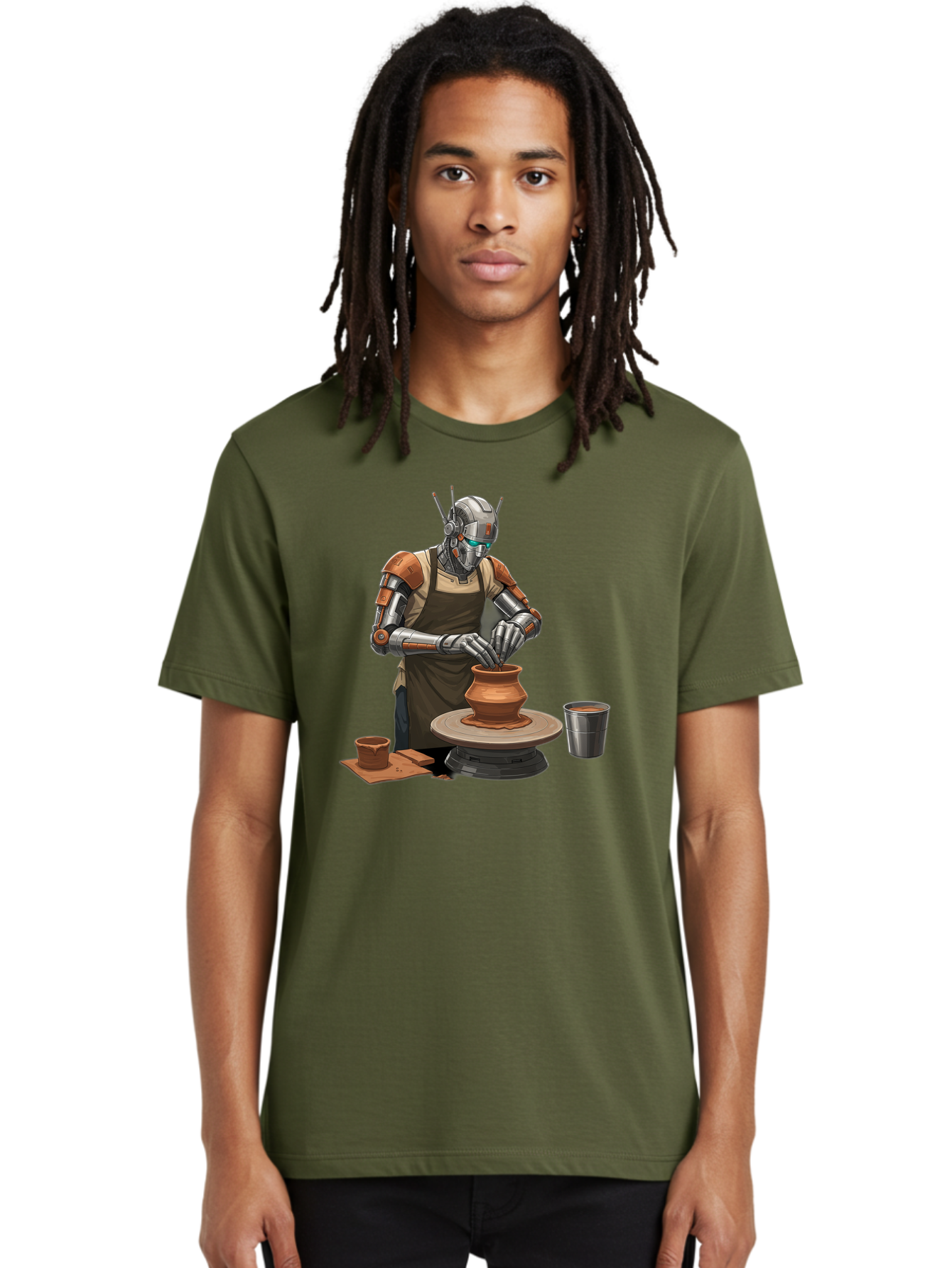 Robot-Potter Men'S Graphic Tee, 100% Cotton, Comfortable Casual Summer Wear, Machine Washable, Robot On Pottery Wheel, Clay Pot, Metal Cup, Robotic Hands, Creative Artwork, Futuristic Pottery, Artistic Creation, Mechanical Craftsmanship, Bab356 26