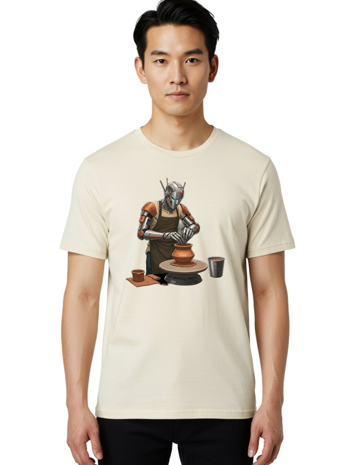 Robot-Potter Men'S Graphic Tee, 100% Cotton, Comfortable Casual Summer Wear, Machine Washable, Robot On Pottery Wheel, Clay Pot, Metal Cup, Robotic Hands, Creative Artwork, Futuristic Pottery, Artistic Creation, Mechanical Craftsmanship, Bab356 25
