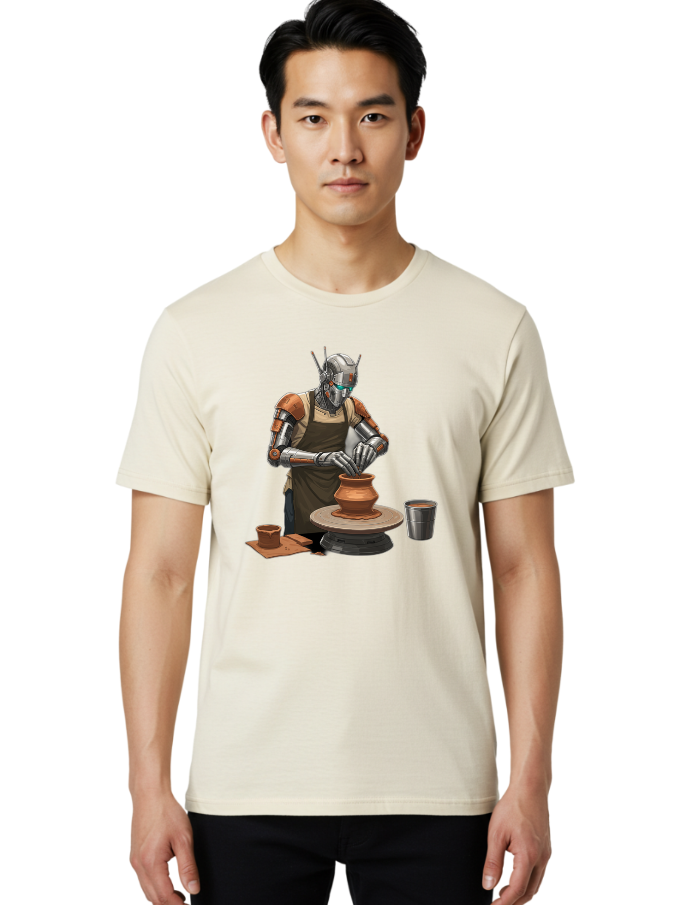Robot-Potter Men'S Graphic Tee, 100% Cotton, Comfortable Casual Summer Wear, Machine Washable, Robot On Pottery Wheel, Clay Pot, Metal Cup, Robotic Hands, Creative Artwork, Futuristic Pottery, Artistic Creation, Mechanical Craftsmanship, Bab356 12