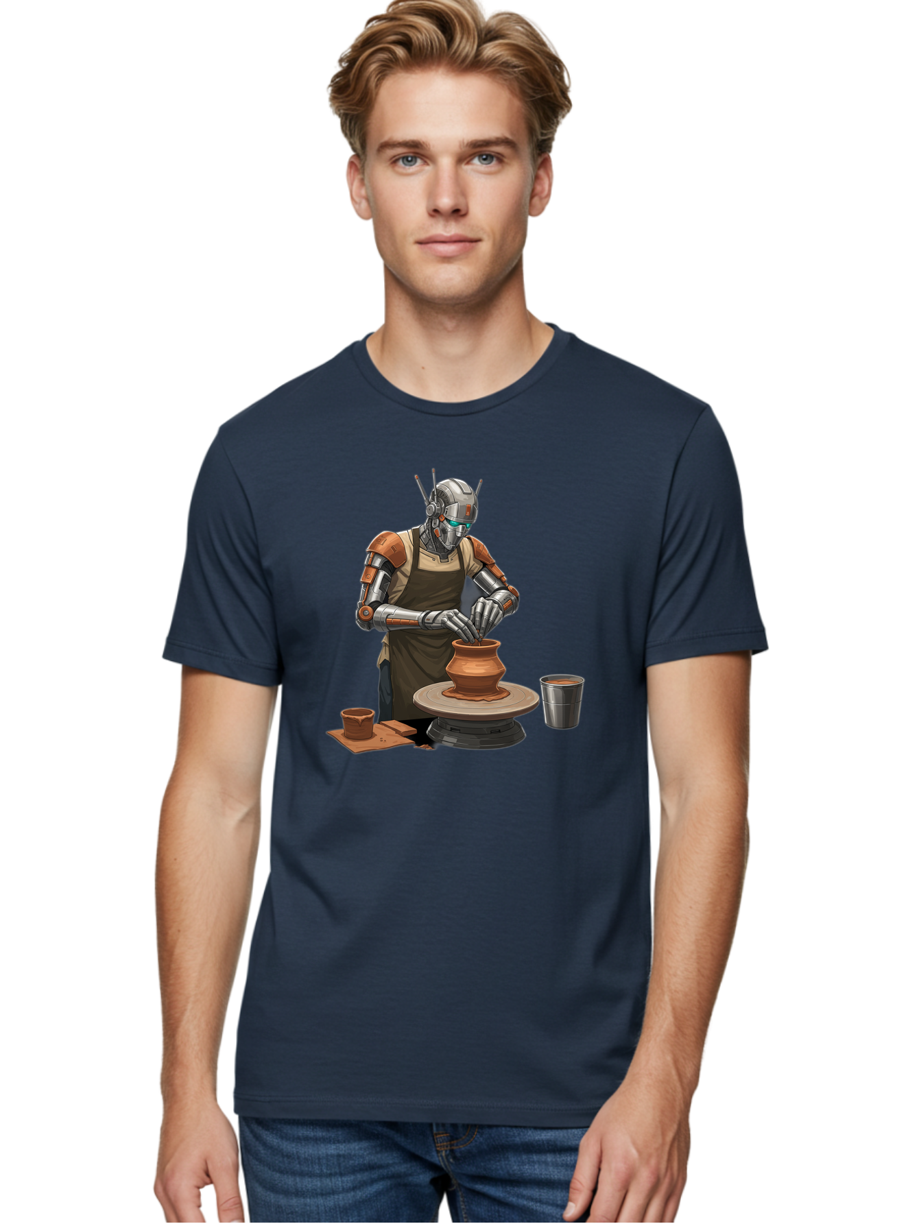 Robot-Potter Men'S Graphic Tee, 100% Cotton, Comfortable Casual Summer Wear, Machine Washable, Robot On Pottery Wheel, Clay Pot, Metal Cup, Robotic Hands, Creative Artwork, Futuristic Pottery, Artistic Creation, Mechanical Craftsmanship, Bab356 10