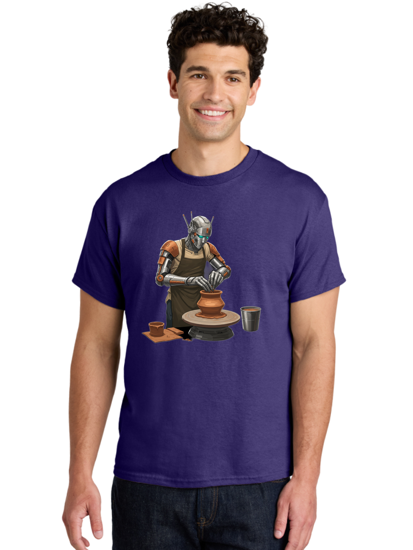 Robot-Potter Men'S Graphic Tee, 100% Cotton, Comfortable Casual Summer Wear, Machine Washable, Robot On Pottery Wheel, Clay Pot, Metal Cup, Robotic Hands, Creative Artwork, Futuristic Pottery, Artistic Creation, Mechanical Craftsmanship, Bab356 4