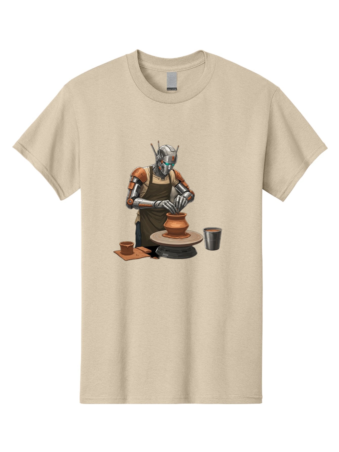 Robot-Potter Men'S Graphic Tee, 100% Cotton, Comfortable Casual Summer Wear, Machine Washable, Robot On Pottery Wheel, Clay Pot, Metal Cup, Robotic Hands, Creative Artwork, Futuristic Pottery, Artistic Creation, Mechanical Craftsmanship, Bab356 13