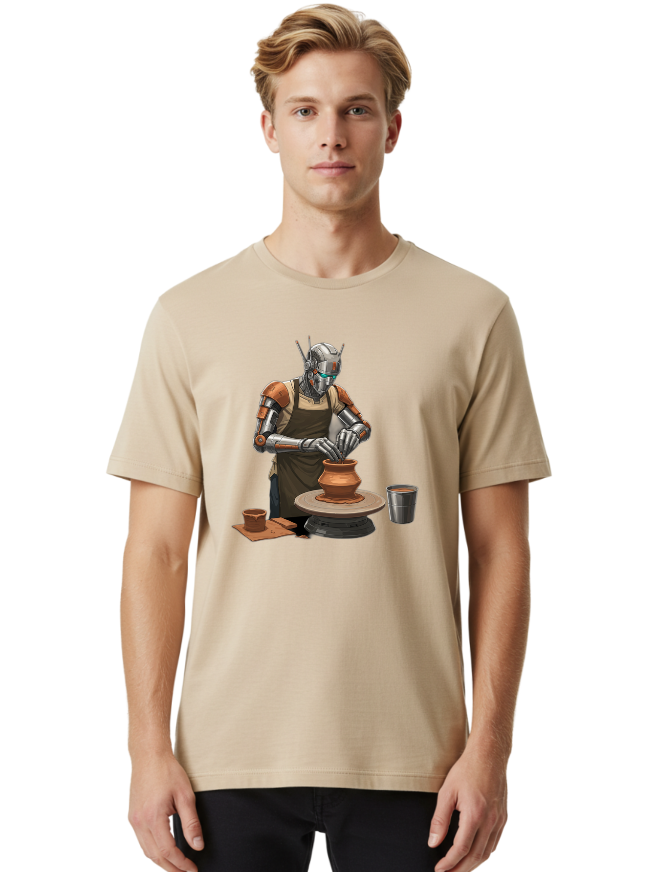 Robot-Potter Men'S Graphic Tee, 100% Cotton, Comfortable Casual Summer Wear, Machine Washable, Robot On Pottery Wheel, Clay Pot, Metal Cup, Robotic Hands, Creative Artwork, Futuristic Pottery, Artistic Creation, Mechanical Craftsmanship, Bab356 30