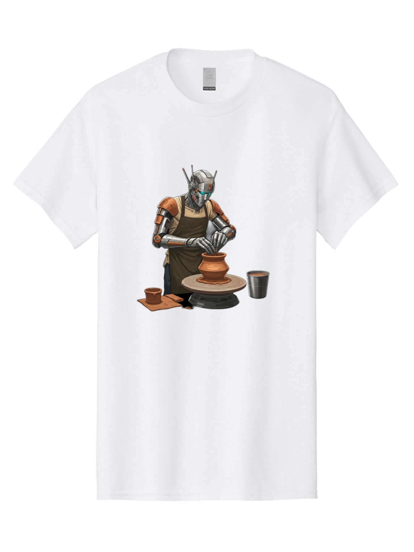 Robot-Potter Men'S Graphic Tee, 100% Cotton, Comfortable Casual Summer Wear, Machine Washable, Robot On Pottery Wheel, Clay Pot, Metal Cup, Robotic Hands, Creative Artwork, Futuristic Pottery, Artistic Creation, Mechanical Craftsmanship, Bab356