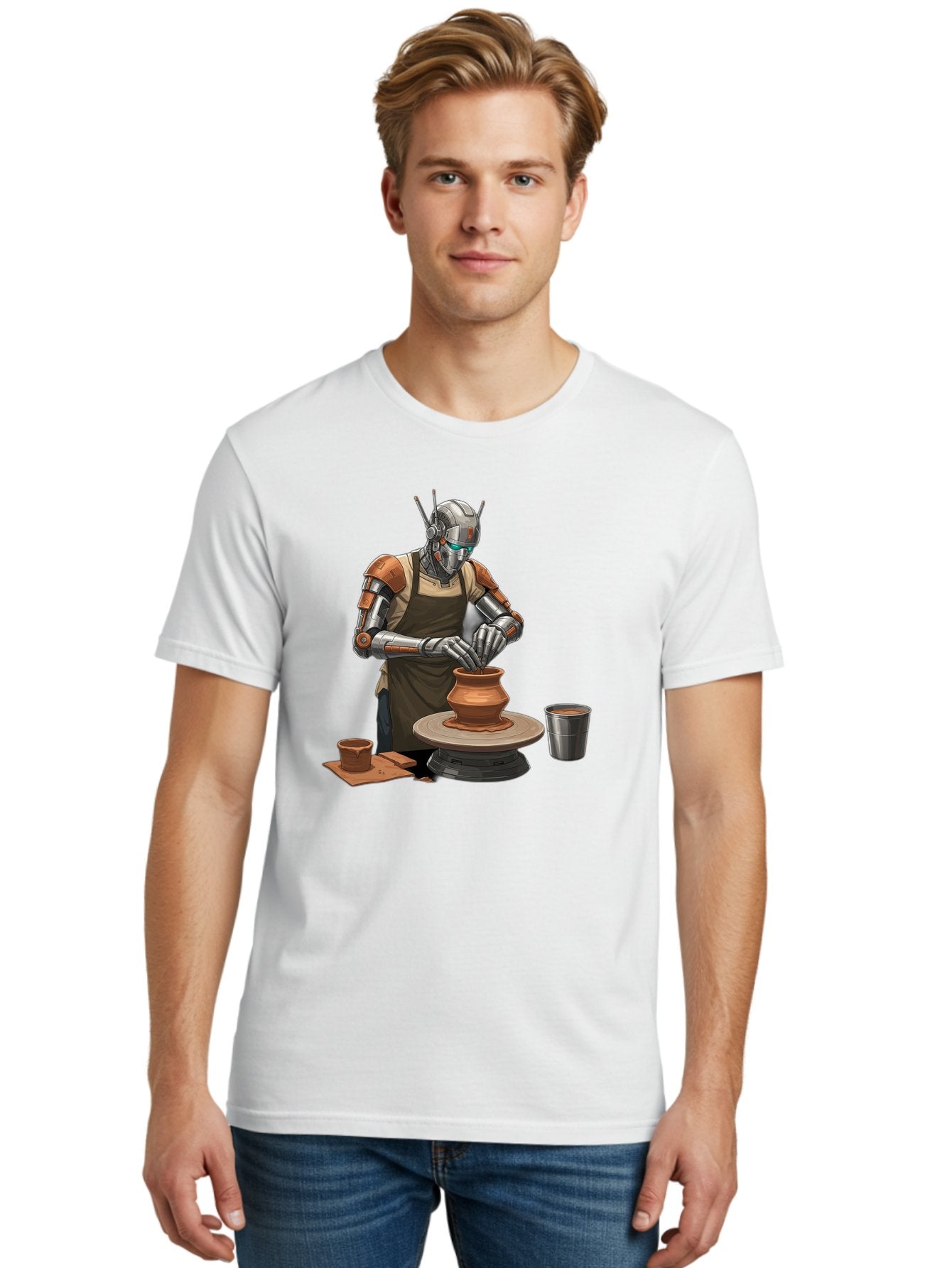 Robot-Potter Men'S Graphic Tee, 100% Cotton, Comfortable Casual Summer Wear, Machine Washable, Robot On Pottery Wheel, Clay Pot, Metal Cup, Robotic Hands, Creative Artwork, Futuristic Pottery, Artistic Creation, Mechanical Craftsmanship, Bab356 21