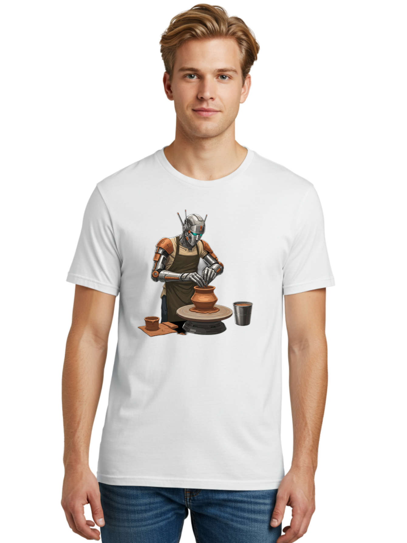 Robot-Potter Men'S Graphic Tee, 100% Cotton, Comfortable Casual Summer Wear, Machine Washable, Robot On Pottery Wheel, Clay Pot, Metal Cup, Robotic Hands, Creative Artwork, Futuristic Pottery, Artistic Creation, Mechanical Craftsmanship, Bab356 20
