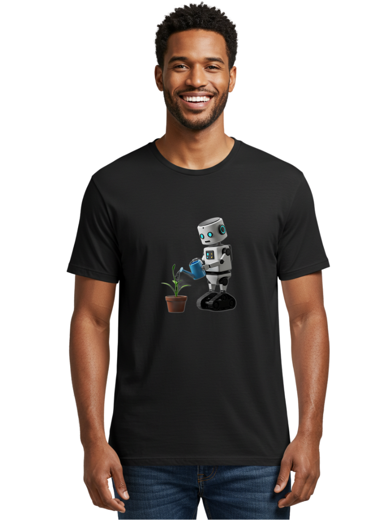 Robot-Watering-Plant Men'S Graphic Tee, 100% Cotton, Comfortable Casual Summer Wear, Machine Washable, Robot Watering Plant, Futuristic Gardening, Artificial Intelligence, Robotic Care, Potted Plant, Blue Watering Can, Robotic Technology, Bab357