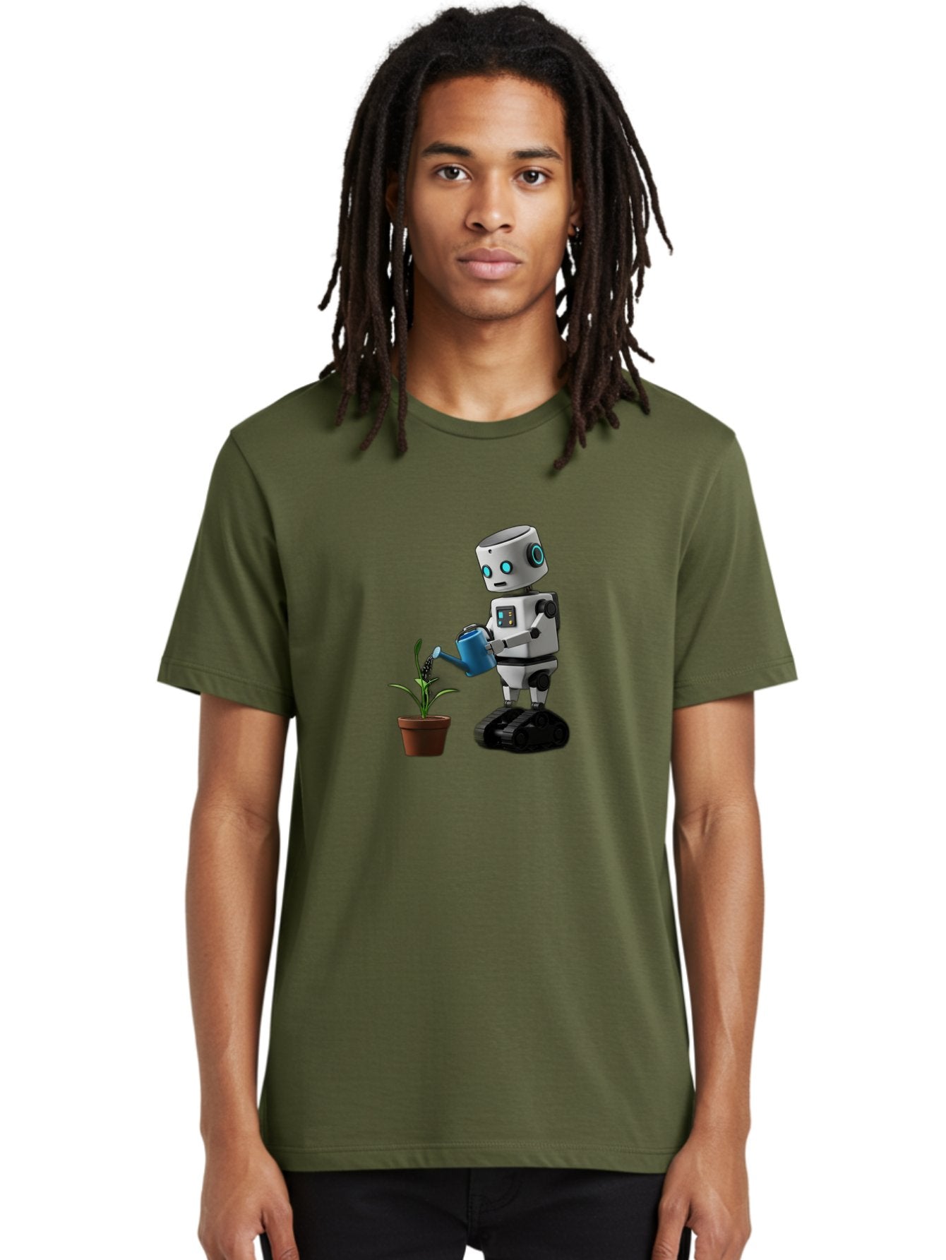 Robot-Watering-Plant Men'S Graphic Tee, 100% Cotton, Comfortable Casual Summer Wear, Machine Washable, Robot Watering Plant, Futuristic Gardening, Artificial Intelligence, Robotic Care, Potted Plant, Blue Watering Can, Robotic Technology, Bab357 26