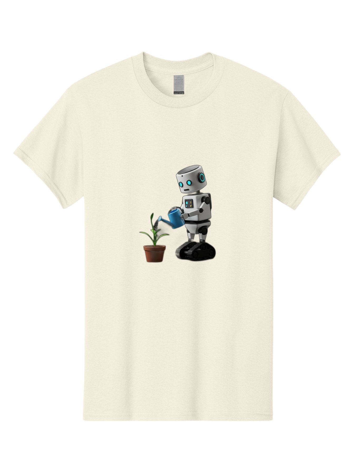 Robot-Watering-Plant Men'S Graphic Tee, 100% Cotton, Comfortable Casual Summer Wear, Machine Washable, Robot Watering Plant, Futuristic Gardening, Artificial Intelligence, Robotic Care, Potted Plant, Blue Watering Can, Robotic Technology, Bab357