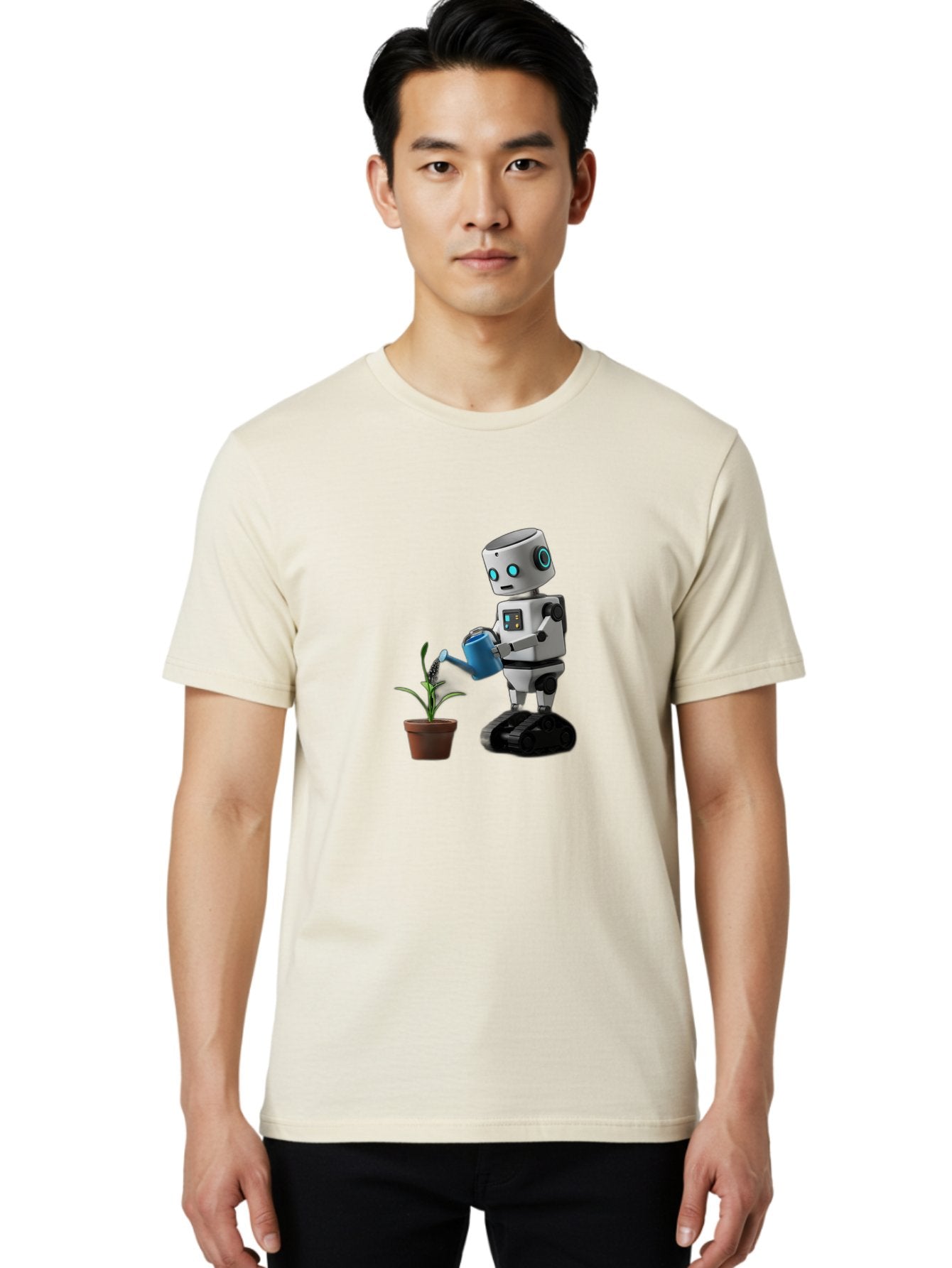 Robot-Watering-Plant Men'S Graphic Tee, 100% Cotton, Comfortable Casual Summer Wear, Machine Washable, Robot Watering Plant, Futuristic Gardening, Artificial Intelligence, Robotic Care, Potted Plant, Blue Watering Can, Robotic Technology, Bab357 19