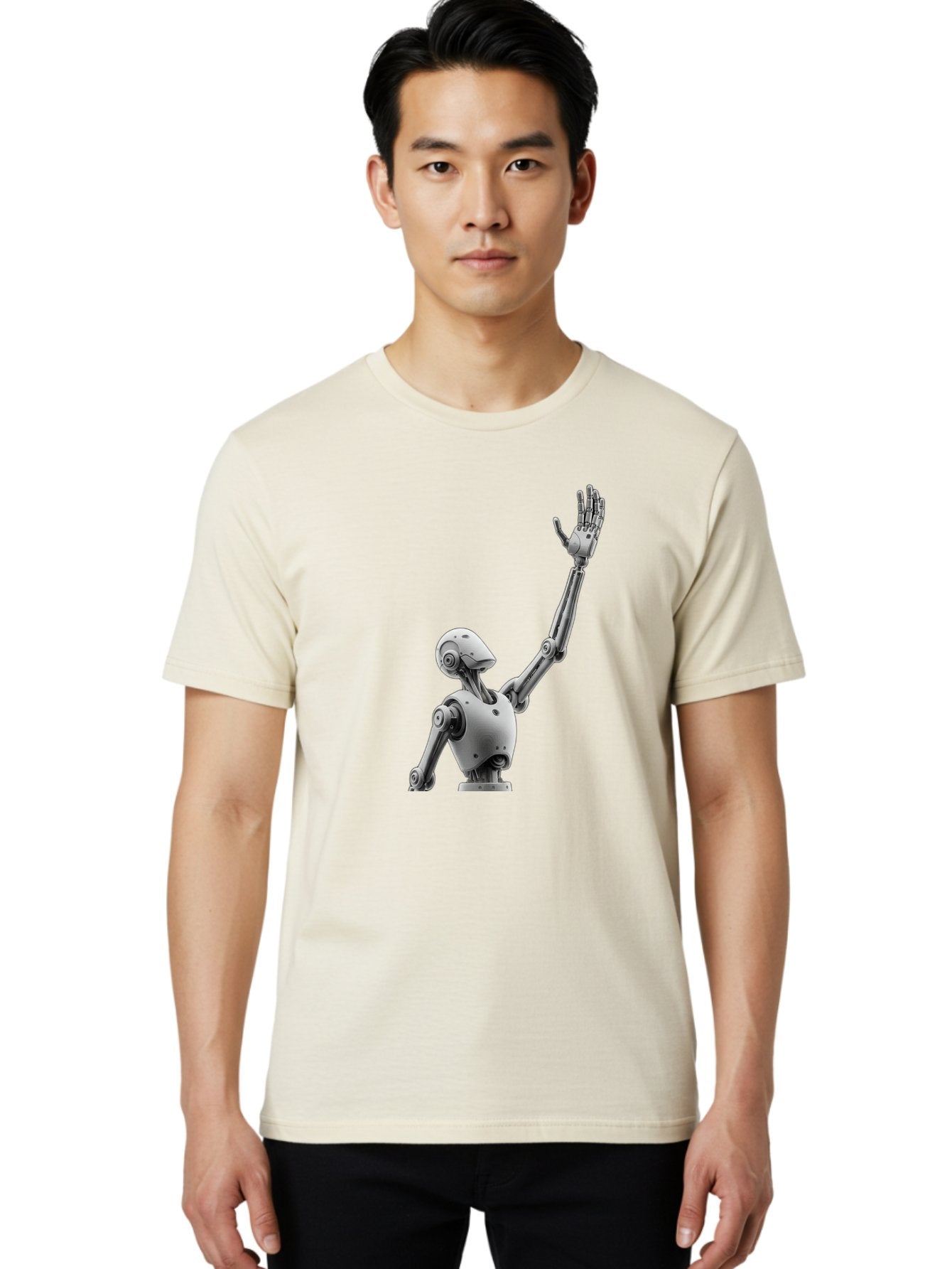 Robot-Waving Men'S Graphic Tee, 100% Cotton, Comfortable Casual Summer Wear, Machine Washable, Robot Waving Hand, Humanoid Robot, Robotic Arm, Mechanical Body, Futuristic Technology, Artificial Intelligence, Robot Greeting Bab358 28