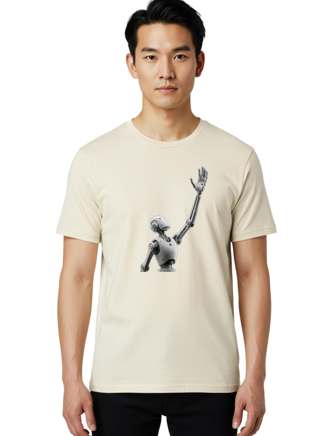 Robot-Waving Men'S Graphic Tee, 100% Cotton, Comfortable Casual Summer Wear, Machine Washable, Robot Waving Hand, Humanoid Robot, Robotic Arm, Mechanical Body, Futuristic Technology, Artificial Intelligence, Robot Greeting Bab358 6