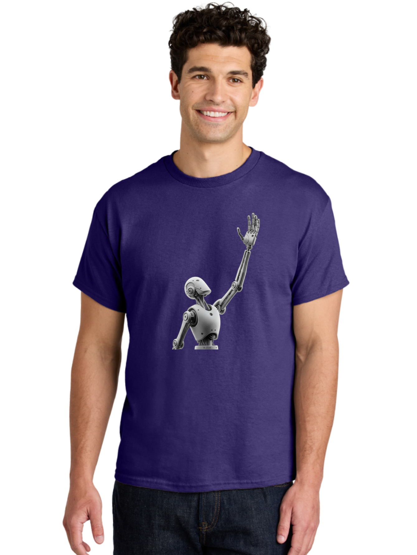 Robot-Waving Men'S Graphic Tee, 100% Cotton, Comfortable Casual Summer Wear, Machine Washable, Robot Waving Hand, Humanoid Robot, Robotic Arm, Mechanical Body, Futuristic Technology, Artificial Intelligence, Robot Greeting Bab358 4