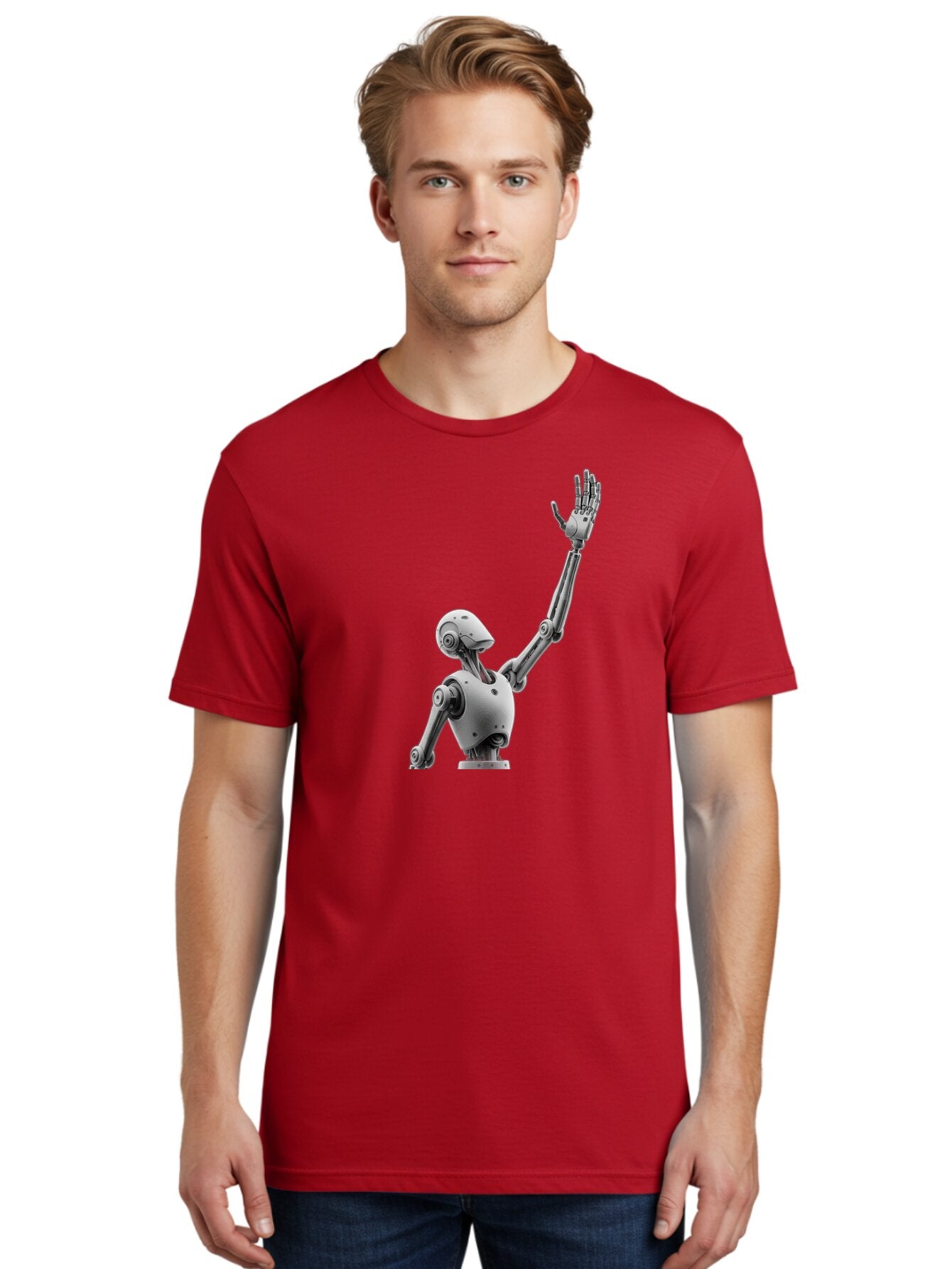 Robot-Waving Men'S Graphic Tee, 100% Cotton, Comfortable Casual Summer Wear, Machine Washable, Robot Waving Hand, Humanoid Robot, Robotic Arm, Mechanical Body, Futuristic Technology, Artificial Intelligence, Robot Greeting Bab358 27