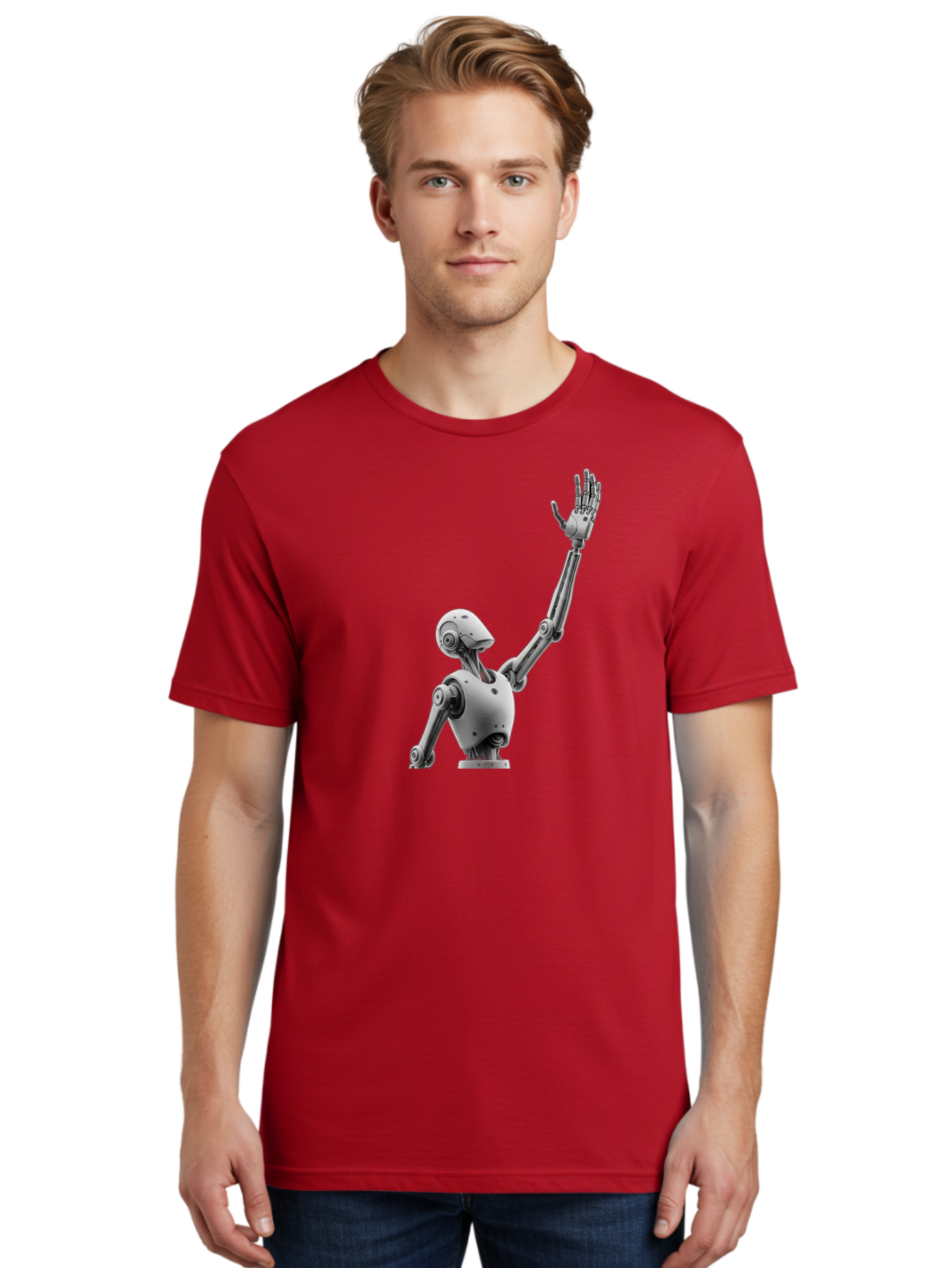 Robot-Waving Men'S Graphic Tee, 100% Cotton, Comfortable Casual Summer Wear, Machine Washable, Robot Waving Hand, Humanoid Robot, Robotic Arm, Mechanical Body, Futuristic Technology, Artificial Intelligence, Robot Greeting Bab358 8