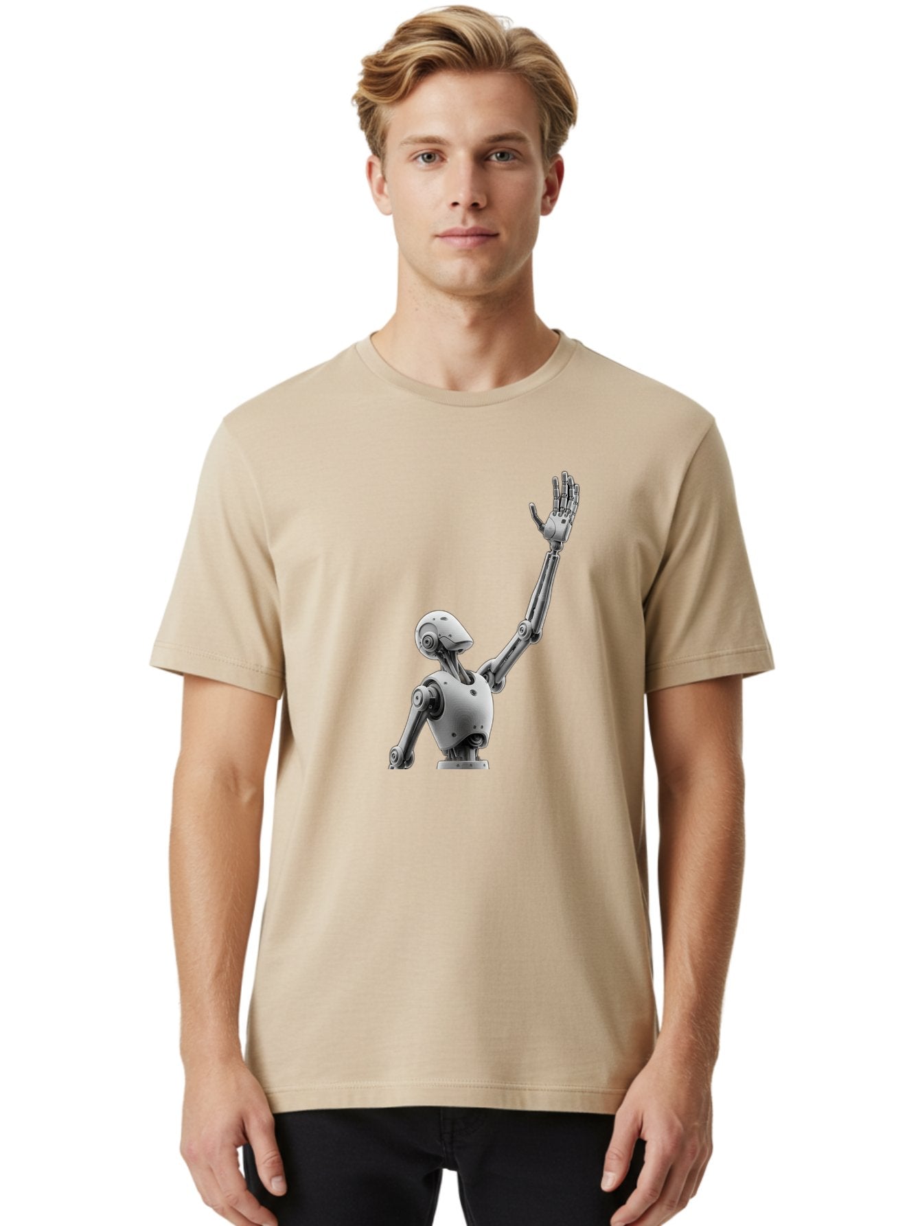 Robot-Waving Men'S Graphic Tee, 100% Cotton, Comfortable Casual Summer Wear, Machine Washable, Robot Waving Hand, Humanoid Robot, Robotic Arm, Mechanical Body, Futuristic Technology, Artificial Intelligence, Robot Greeting Bab358 18