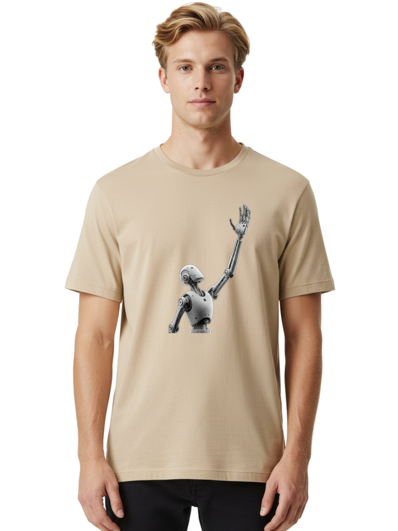 Robot-Waving Men'S Graphic Tee, 100% Cotton, Comfortable Casual Summer Wear, Machine Washable, Robot Waving Hand, Humanoid Robot, Robotic Arm, Mechanical Body, Futuristic Technology, Artificial Intelligence, Robot Greeting Bab358 24