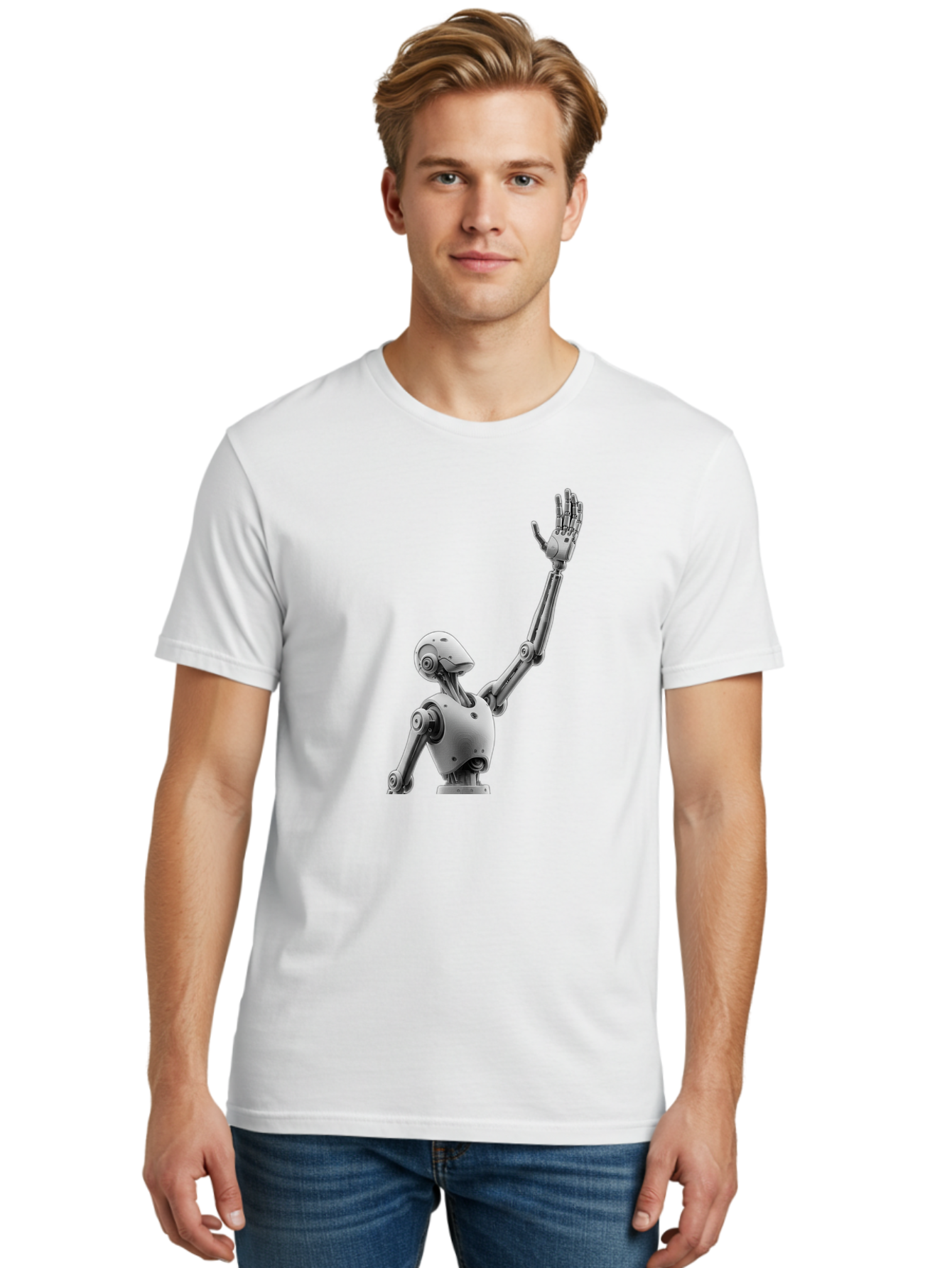 Robot-Waving Men'S Graphic Tee, 100% Cotton, Comfortable Casual Summer Wear, Machine Washable, Robot Waving Hand, Humanoid Robot, Robotic Arm, Mechanical Body, Futuristic Technology, Artificial Intelligence, Robot Greeting Bab358 14