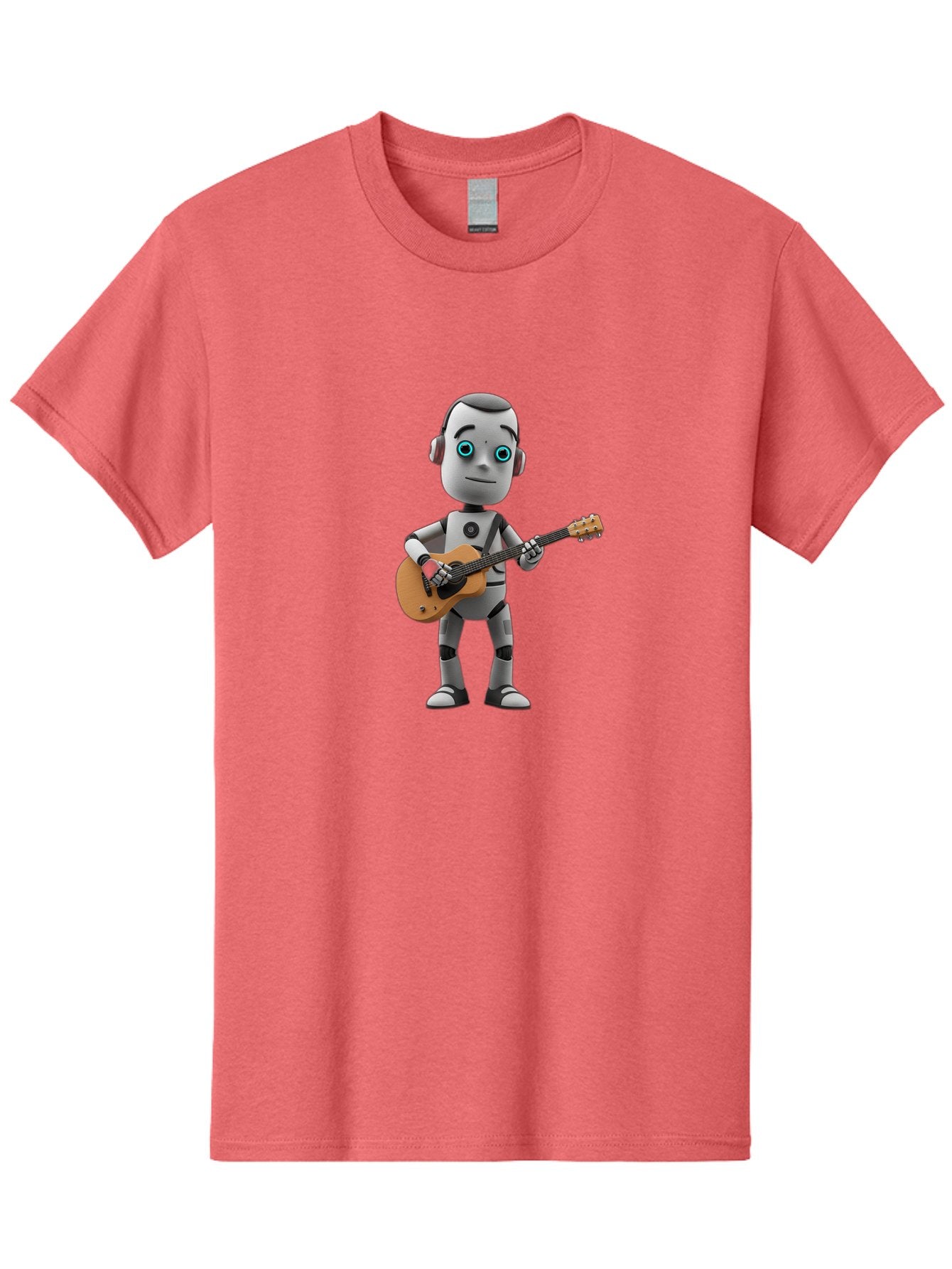 Robot-With-Guitar Men'S Graphic Tee, 100% Cotton, Comfortable Casual Summer Wear, Machine Washable, Robot Character, Playing Acoustic Guitar, Digital Art, Futuristic Design, Music Technology, Robot Musician, Cartoon Style, Blue Eyes, Bab359 4