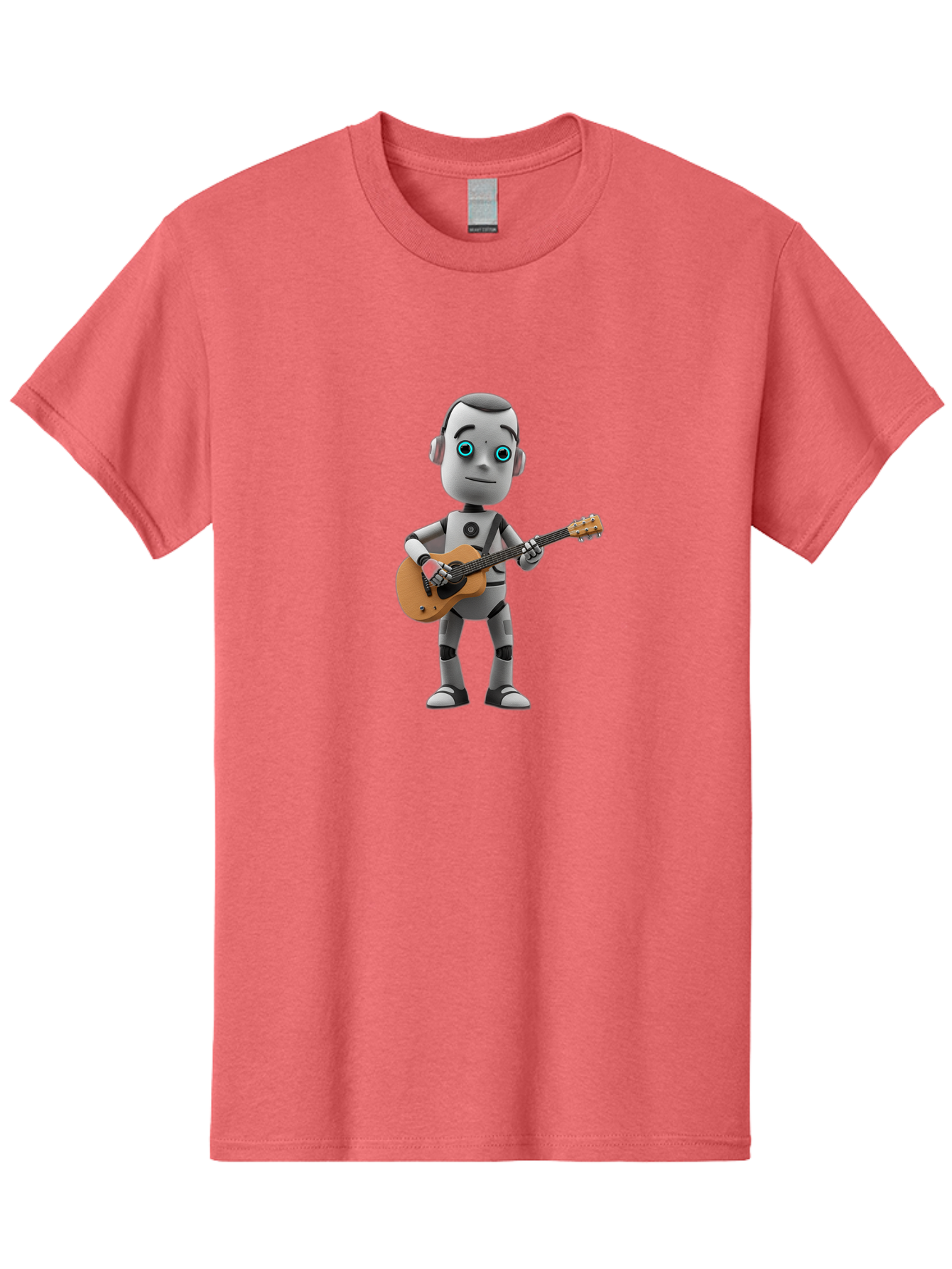Robot-With-Guitar Men'S Graphic Tee, 100% Cotton, Comfortable Casual Summer Wear, Machine Washable, Robot Character, Playing Acoustic Guitar, Digital Art, Futuristic Design, Music Technology, Robot Musician, Cartoon Style, Blue Eyes, Bab359 23