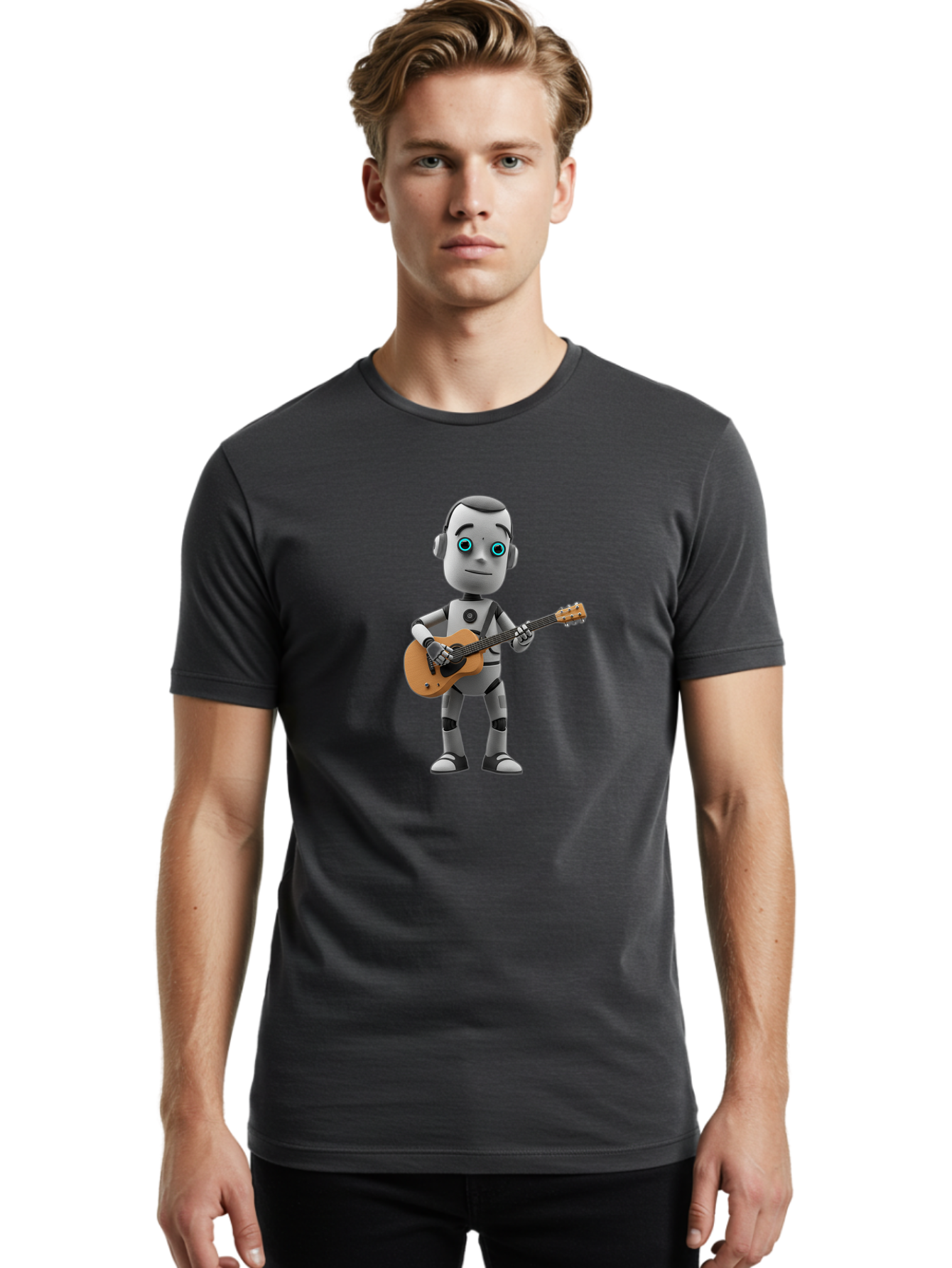 Robot-With-Guitar Men'S Graphic Tee, 100% Cotton, Comfortable Casual Summer Wear, Machine Washable, Robot Character, Playing Acoustic Guitar, Digital Art, Futuristic Design, Music Technology, Robot Musician, Cartoon Style, Blue Eyes, Bab359