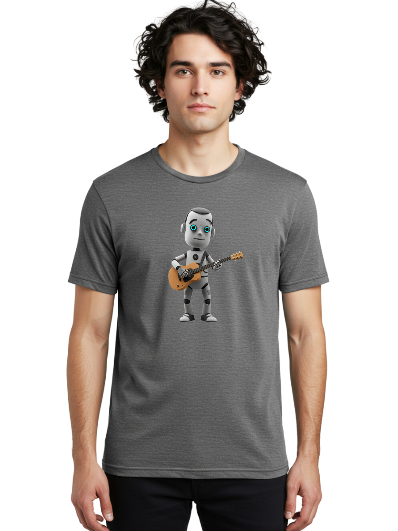 Robot-With-Guitar Men'S Graphic Tee, 100% Cotton, Comfortable Casual Summer Wear, Machine Washable, Robot Character, Playing Acoustic Guitar, Digital Art, Futuristic Design, Music Technology, Robot Musician, Cartoon Style, Blue Eyes, Bab359 16