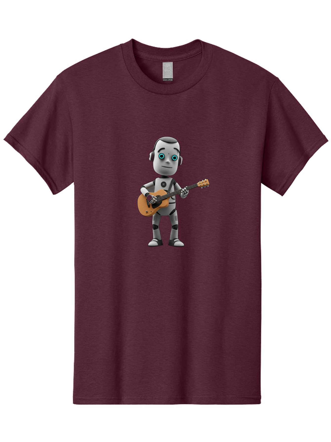 Robot-With-Guitar Men'S Graphic Tee, 100% Cotton, Comfortable Casual Summer Wear, Machine Washable, Robot Character, Playing Acoustic Guitar, Digital Art, Futuristic Design, Music Technology, Robot Musician, Cartoon Style, Blue Eyes, Bab359
