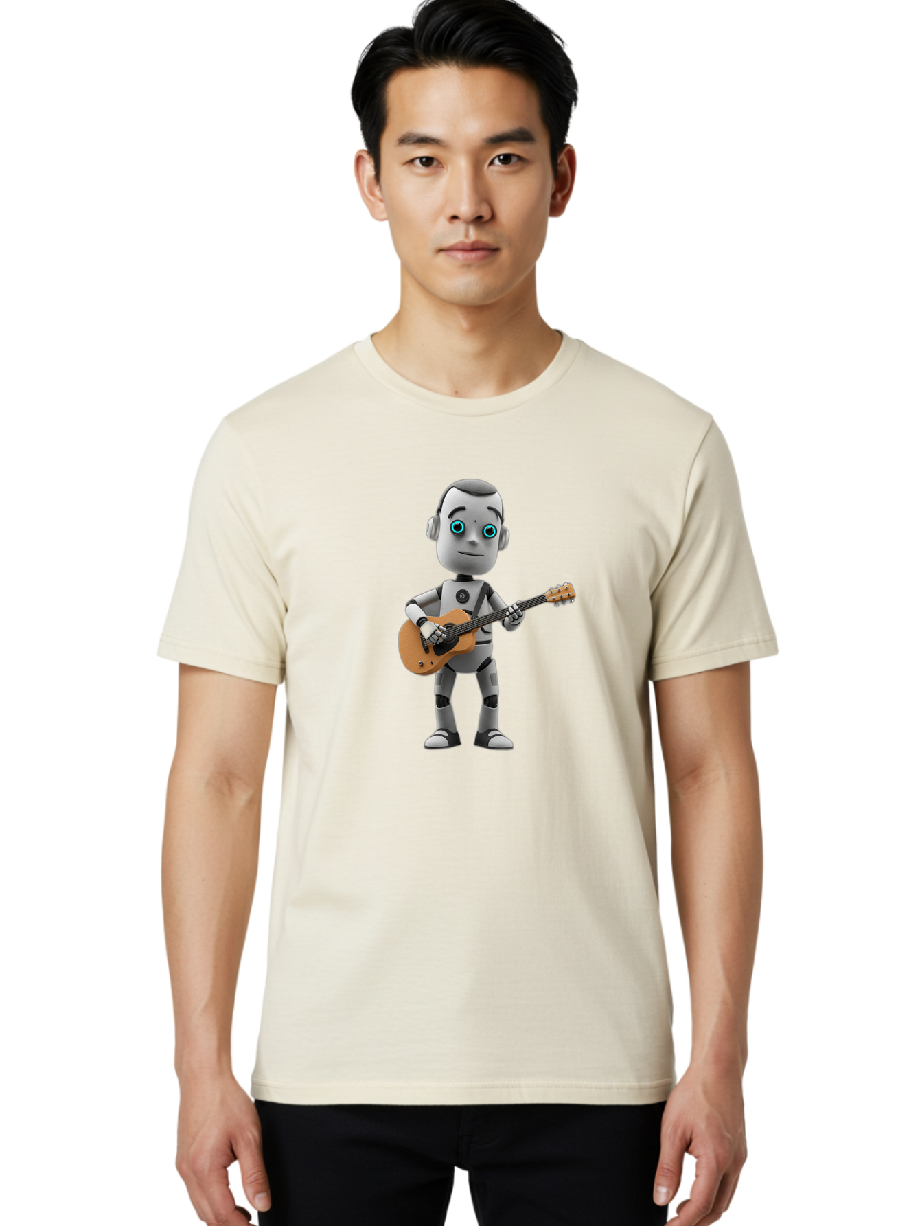 Robot-With-Guitar Men'S Graphic Tee, 100% Cotton, Comfortable Casual Summer Wear, Machine Washable, Robot Character, Playing Acoustic Guitar, Digital Art, Futuristic Design, Music Technology, Robot Musician, Cartoon Style, Blue Eyes, Bab359 26