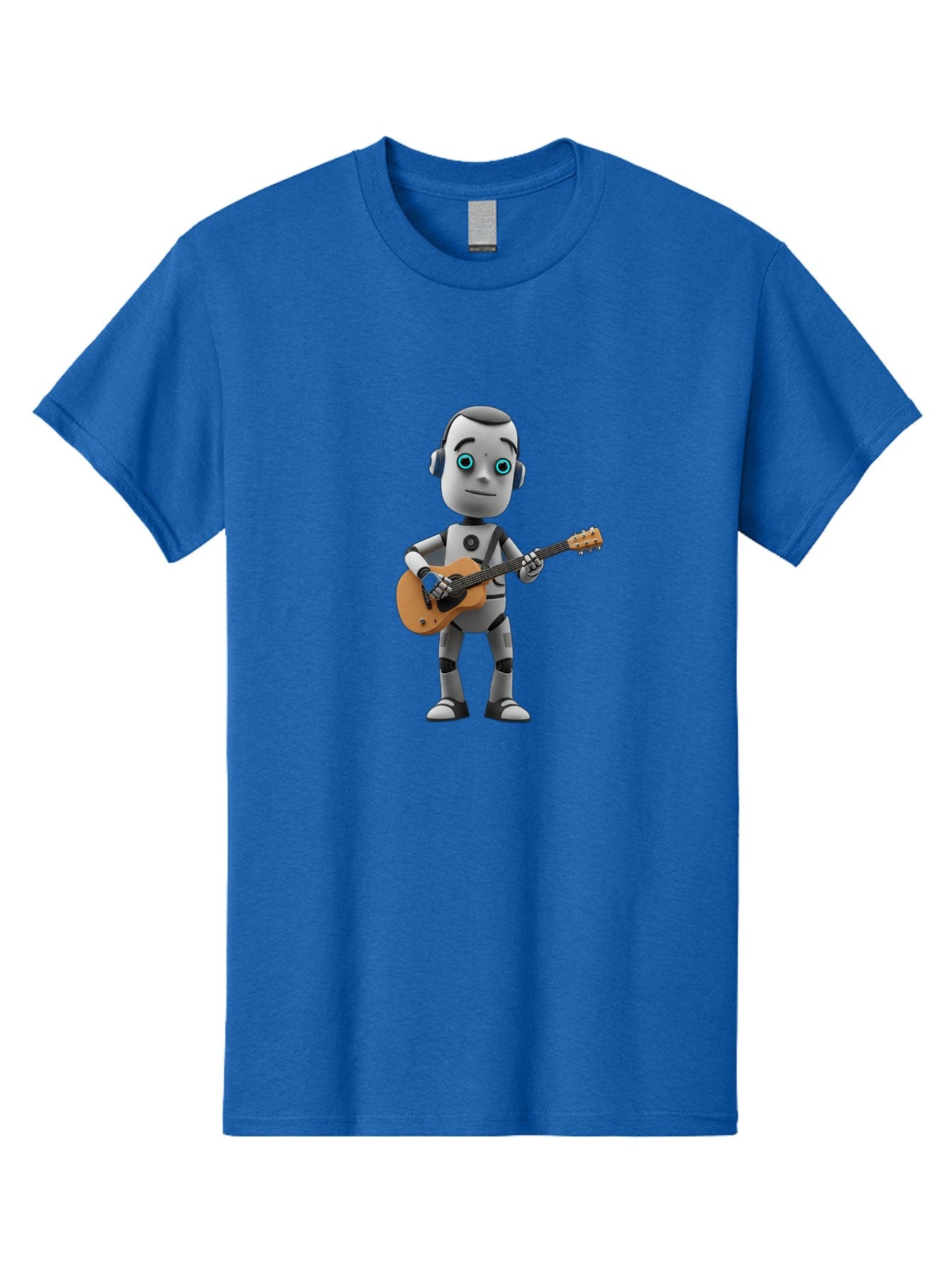 Robot-With-Guitar Men'S Graphic Tee, 100% Cotton, Comfortable Casual Summer Wear, Machine Washable, Robot Character, Playing Acoustic Guitar, Digital Art, Futuristic Design, Music Technology, Robot Musician, Cartoon Style, Blue Eyes, Bab359 13