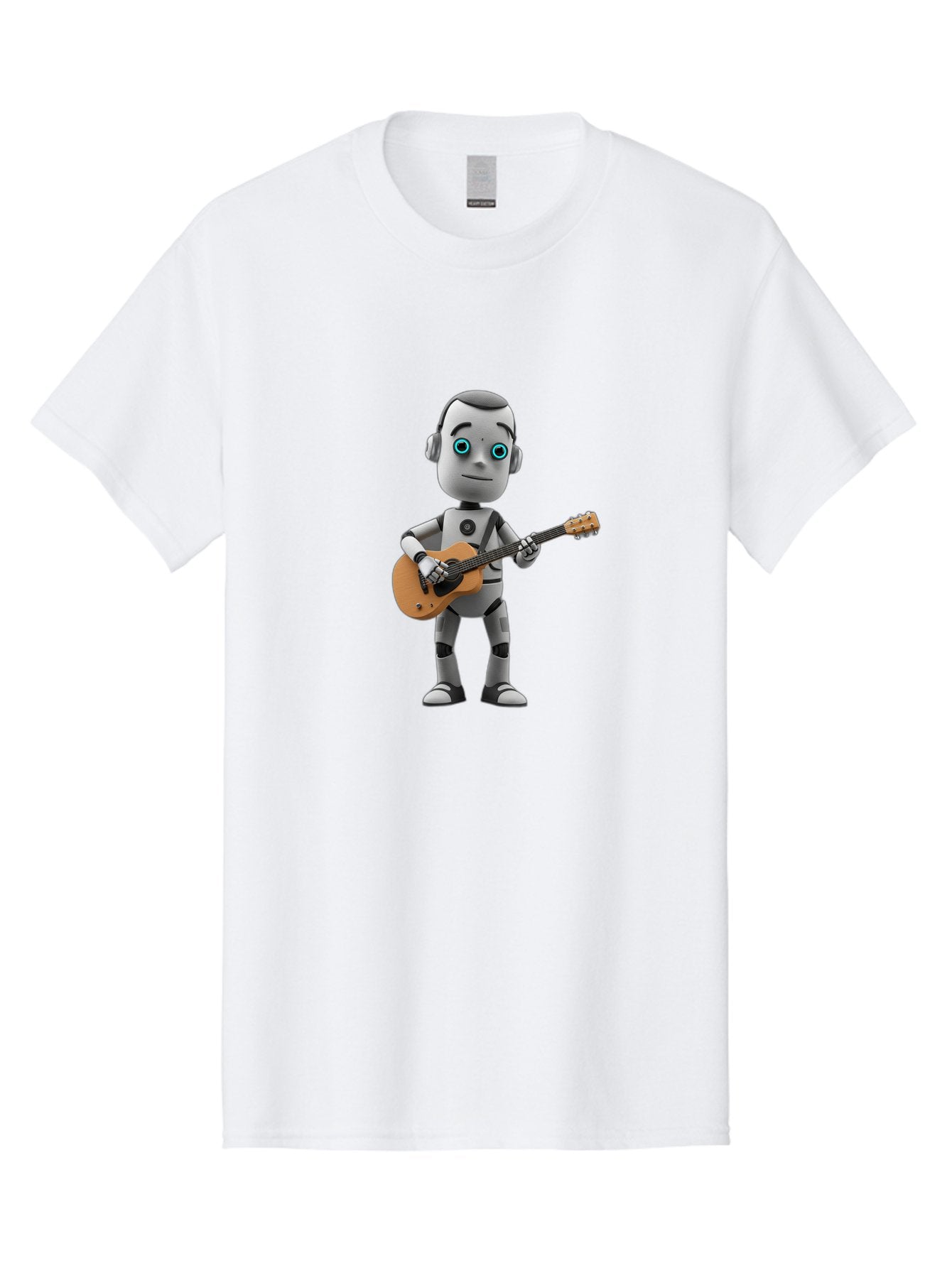 Robot-With-Guitar Men'S Graphic Tee, 100% Cotton, Comfortable Casual Summer Wear, Machine Washable, Robot Character, Playing Acoustic Guitar, Digital Art, Futuristic Design, Music Technology, Robot Musician, Cartoon Style, Blue Eyes, Bab359 9