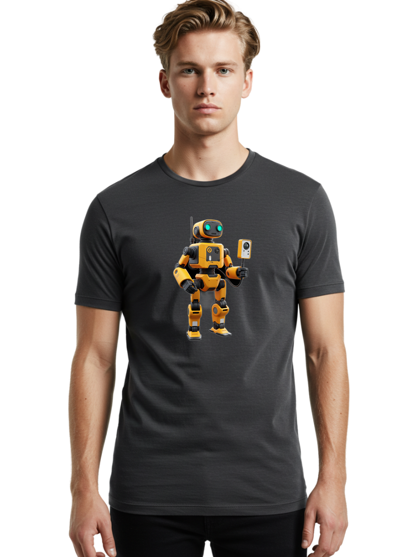 Robot-With-Selfie-Stick Men'S Graphic Tee, 100% Cotton, Comfortable Casual Summer Wear, Machine Washable, Robotic Figure, Humanoid Robot, Artificial Intelligence, Futuristic Technology, Robot Holding Device, Mechanical Limbs, Bab360 6