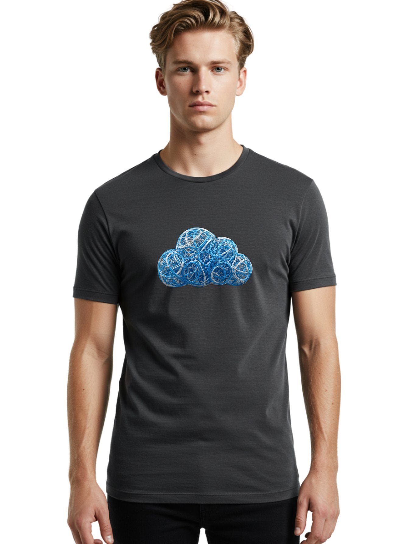 Rubber-Band-Cloud Men'S Graphic Tee, 100% Cotton, Comfortable Casual Summer Wear, Machine Washable, Blue Wires, Cloud Shape, Abstract Composition, Tangled Wires, Modern Design, Creative Art, Blue And White Hues, Spherical Forms, Bab365 29