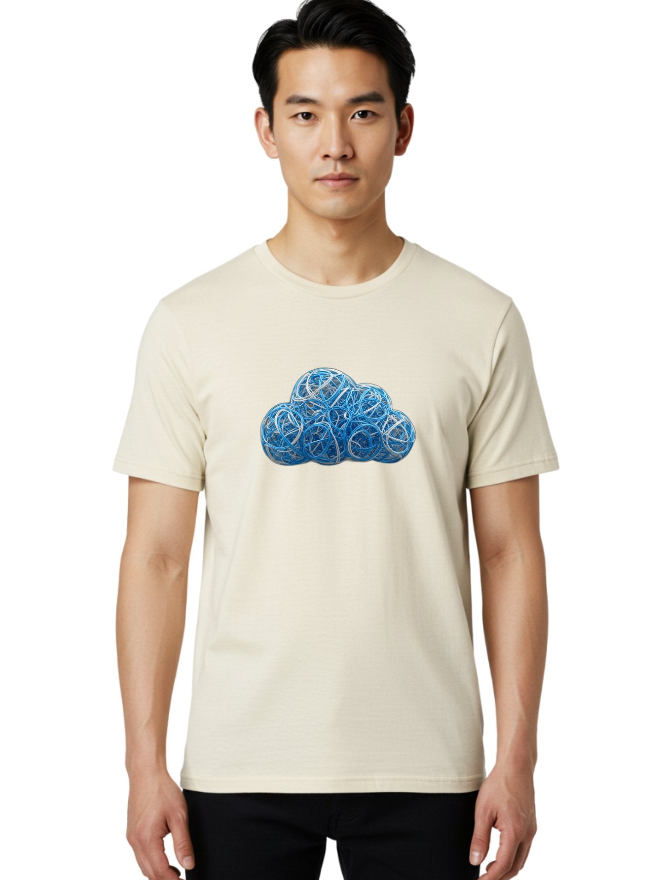 Rubber-Band-Cloud Men'S Graphic Tee, 100% Cotton, Comfortable Casual Summer Wear, Machine Washable, Blue Wires, Cloud Shape, Abstract Composition, Tangled Wires, Modern Design, Creative Art, Blue And White Hues, Spherical Forms, Bab365 28