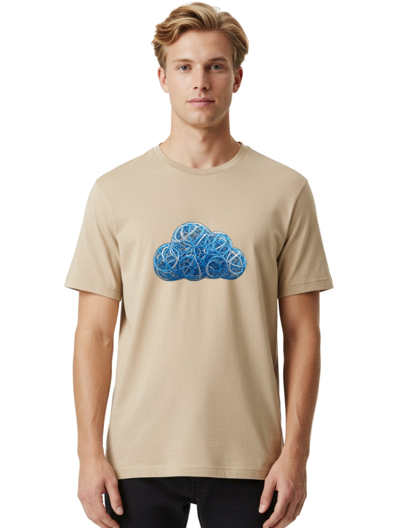 Rubber-Band-Cloud Men'S Graphic Tee, 100% Cotton, Comfortable Casual Summer Wear, Machine Washable, Blue Wires, Cloud Shape, Abstract Composition, Tangled Wires, Modern Design, Creative Art, Blue And White Hues, Spherical Forms, Bab365 23